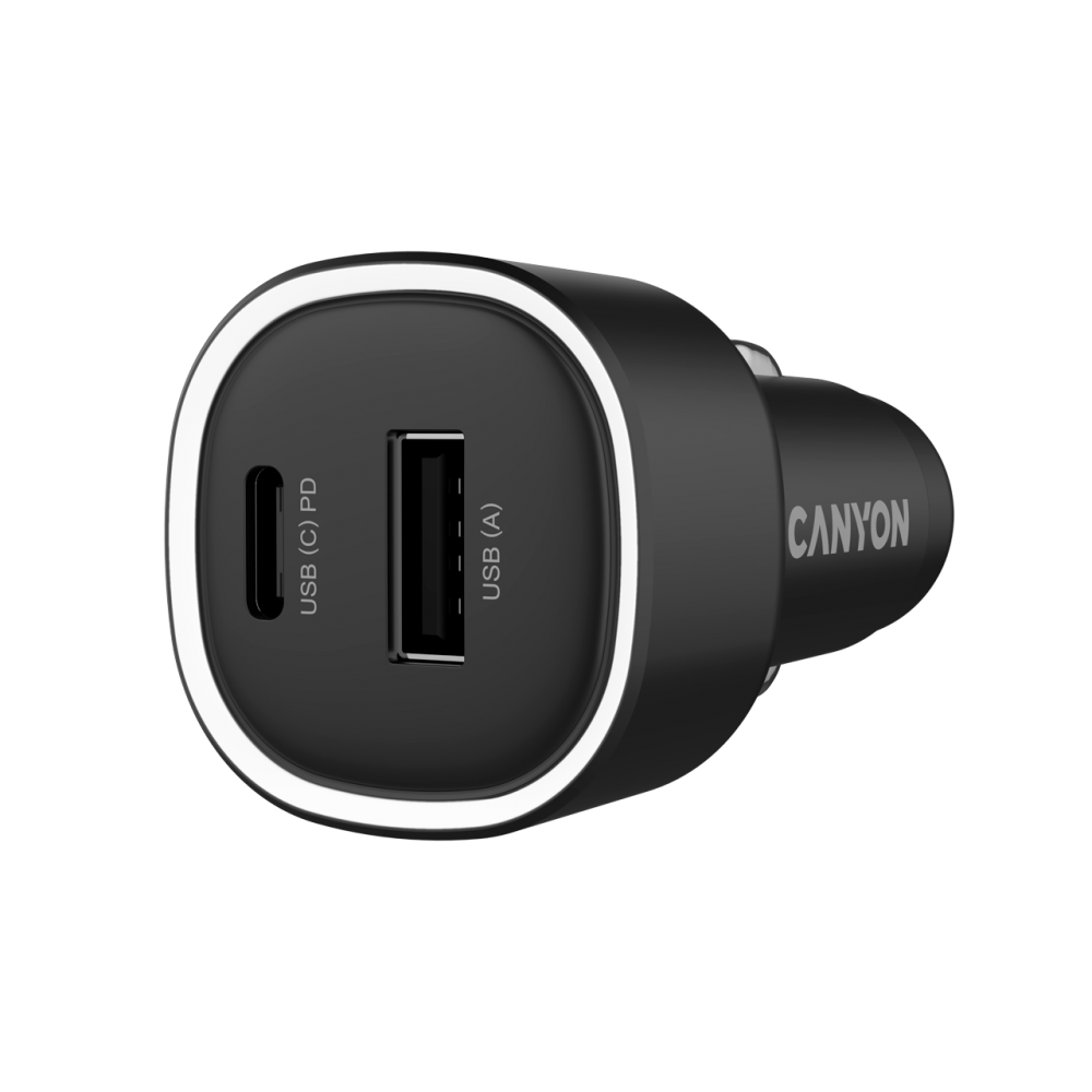Czarny samochodowy adapter USB z portami USB-A i USB-C PD. Logo Canyon.