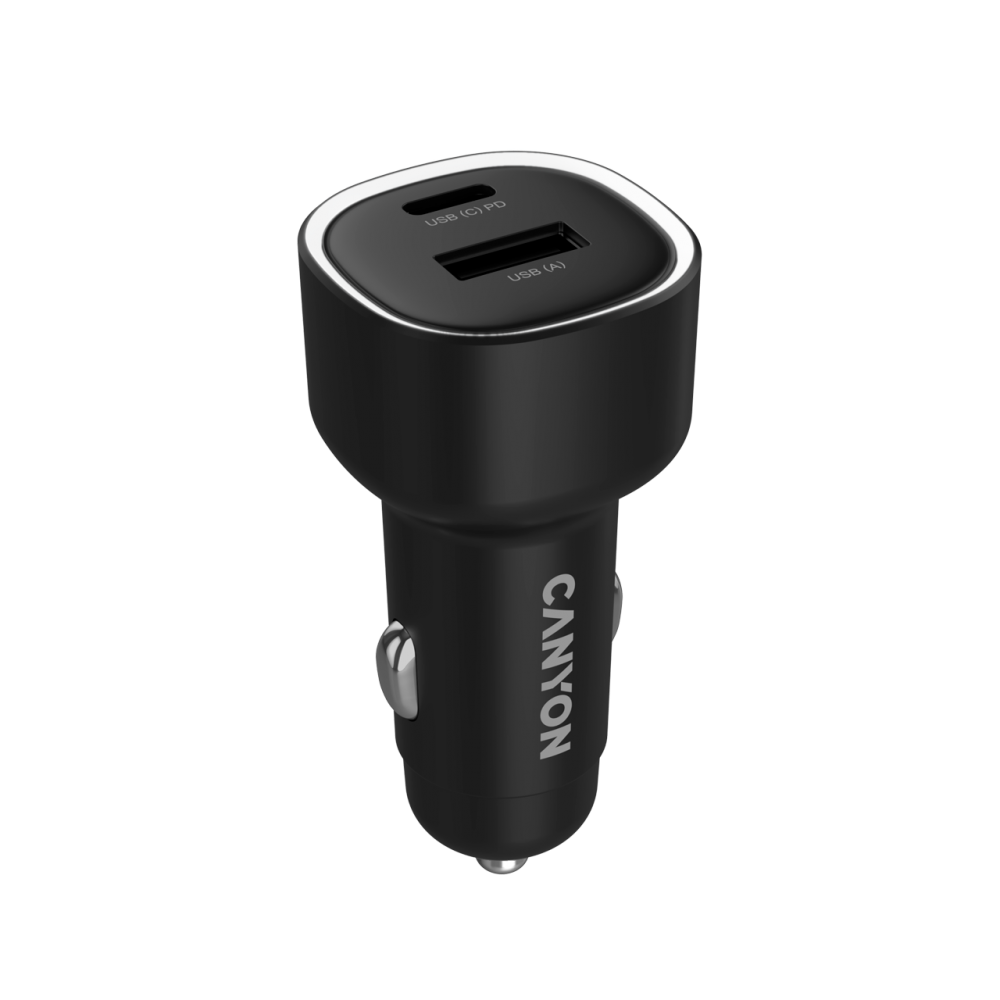 Czarna ładowarka samochodowa Canyon z portami USB-C PD i USB-A. Srebrne akcenty.