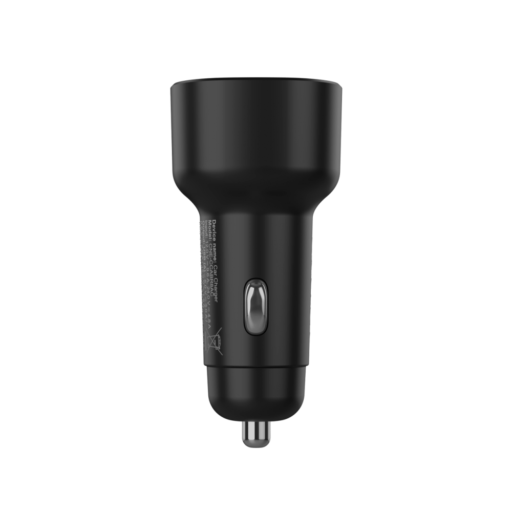 Czarna ładowarka samochodowa z srebrnym przyciskiem i portem USB.