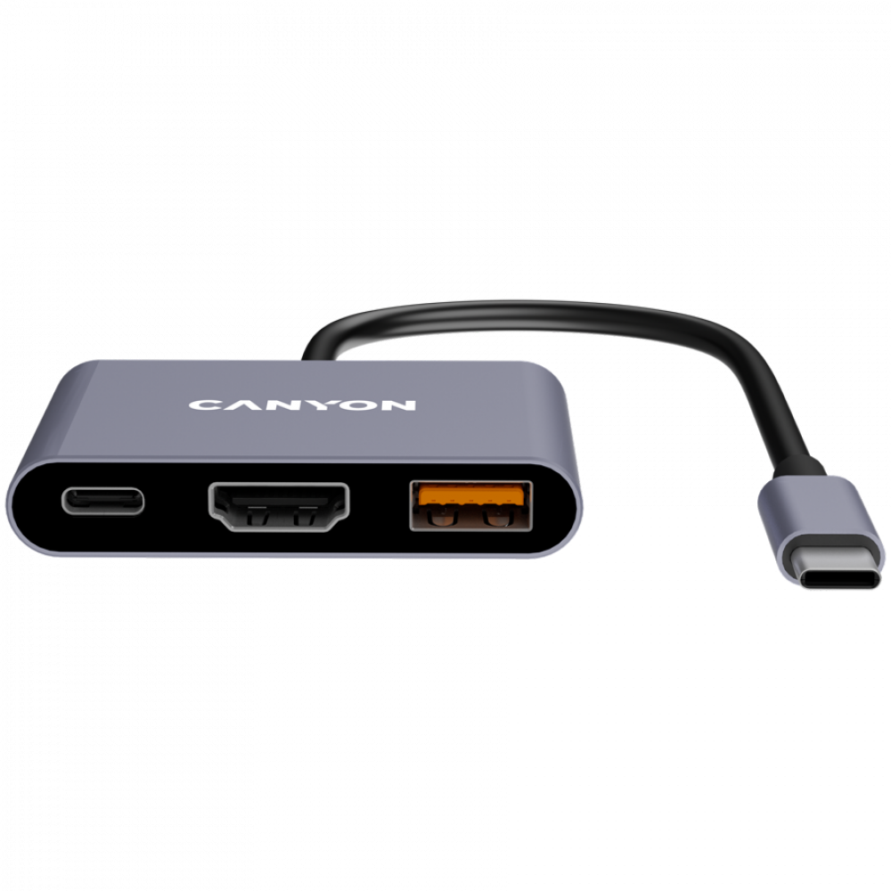 Szary hub USB-C z portem HDMI, USB-A i kablem.