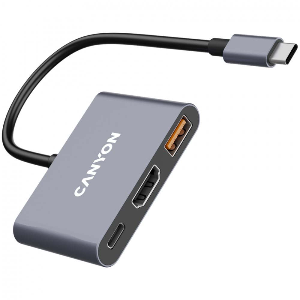 Szary adapter USB-C z portami HDMI, USB-A i USB-C. Kabel z wtyczką.