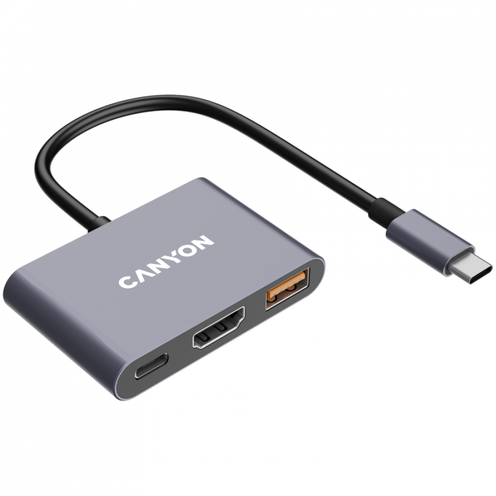 Szary adapter USB-C z portami HDMI, USB-A i USB-C.