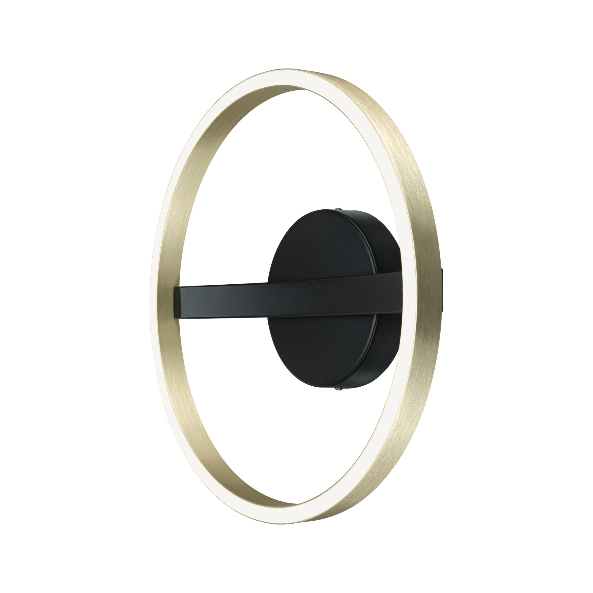 Ein moderner, goldfarbener Ring-Wandleuchter mit schwarzem Sockel und Stab.