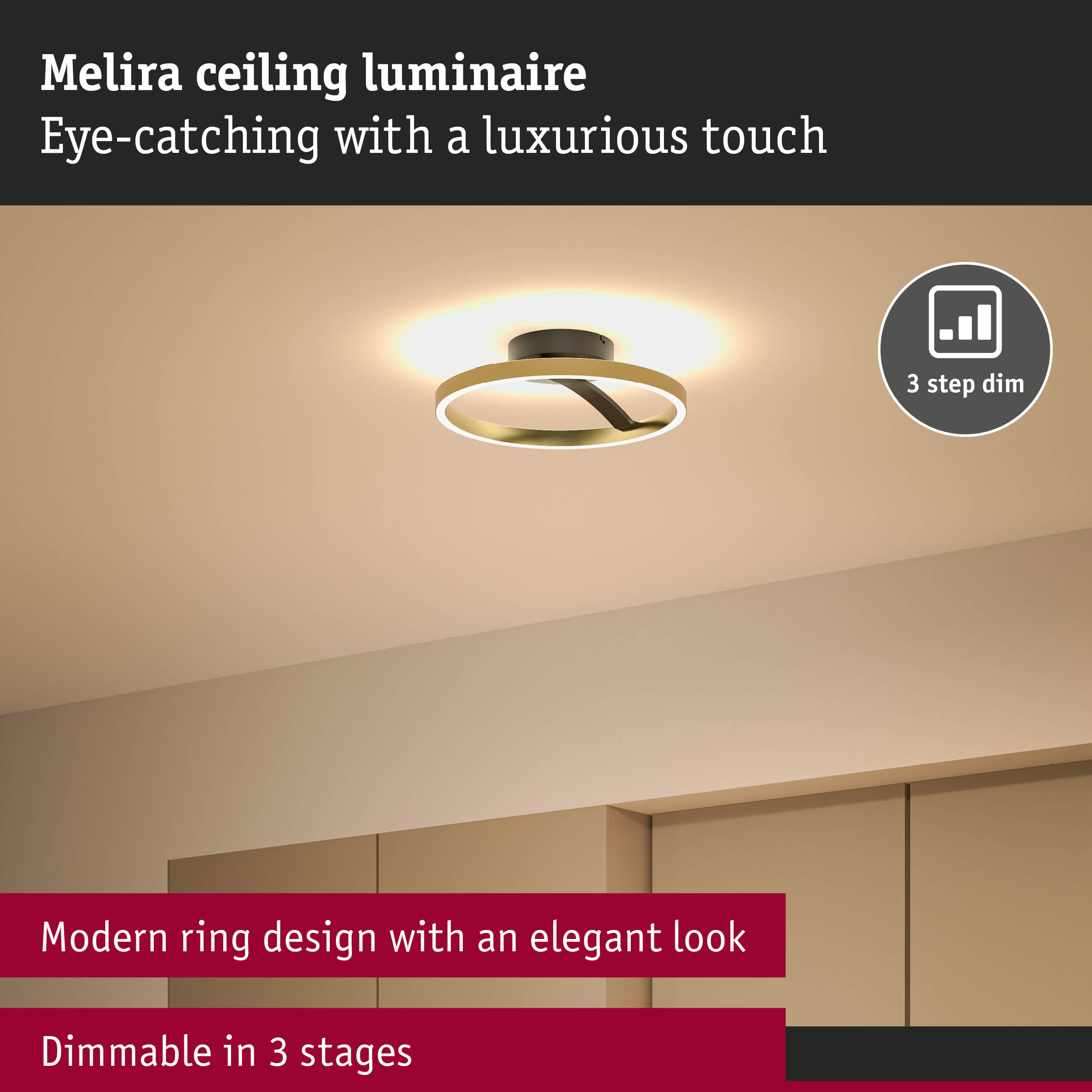 Eine moderne goldene Ringlampe mit schwarzem Akzent, dimmbar in 3 Stufen.
