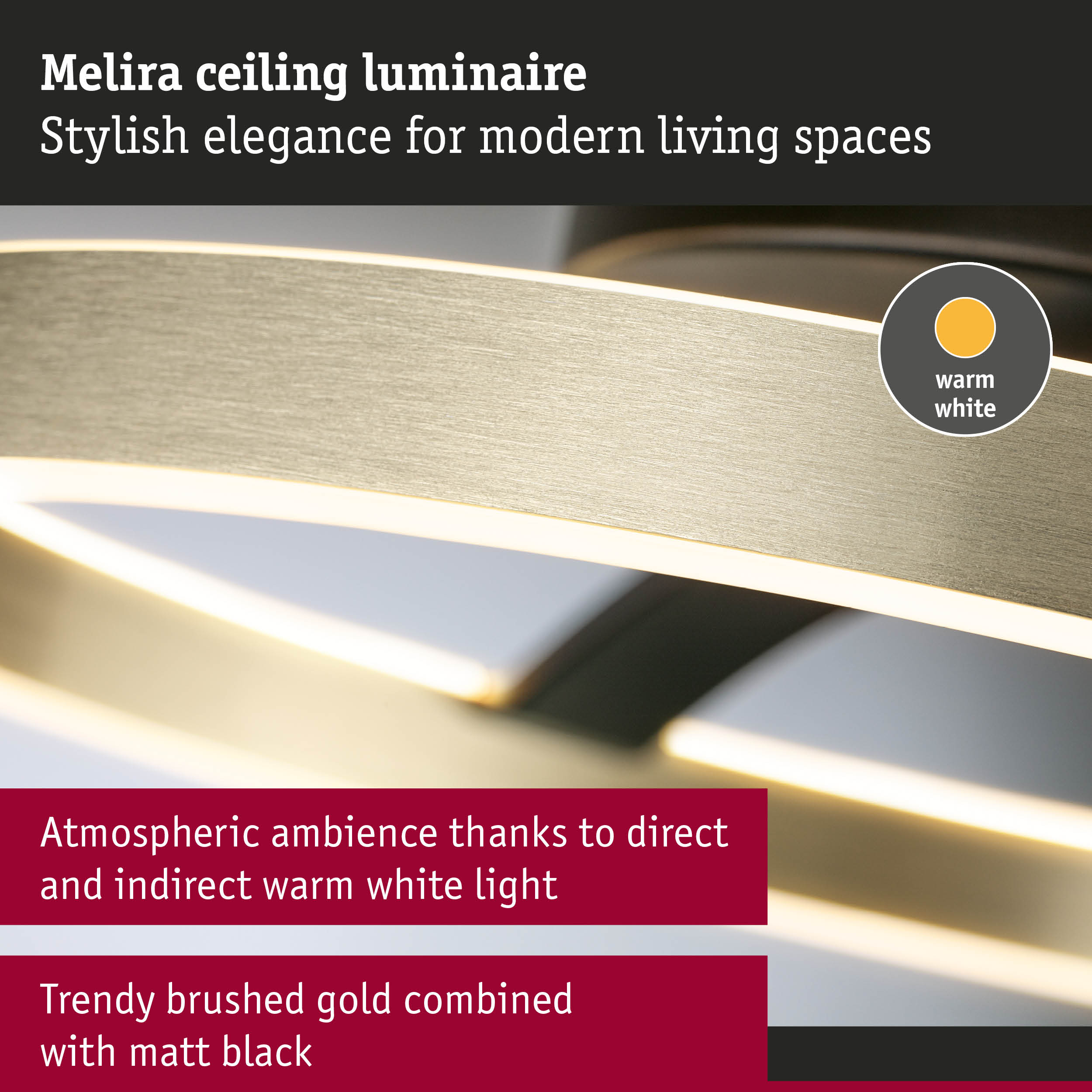 Moderne Deckenleuchte mit warmweißem Licht und gebürstetem Gold.