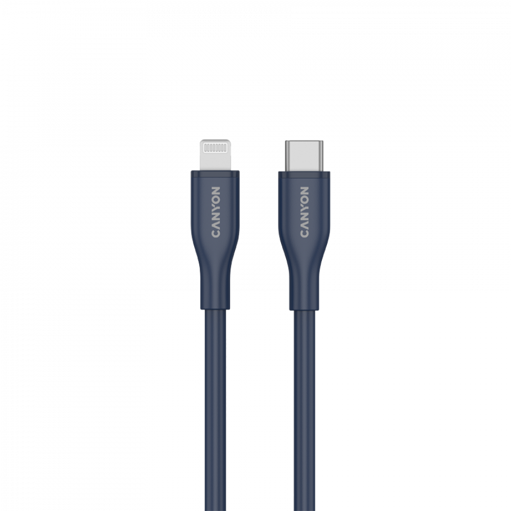 Ciemnoniebieski kabel Canyon ze złączami USB-C i Lightning na czarnym tle.