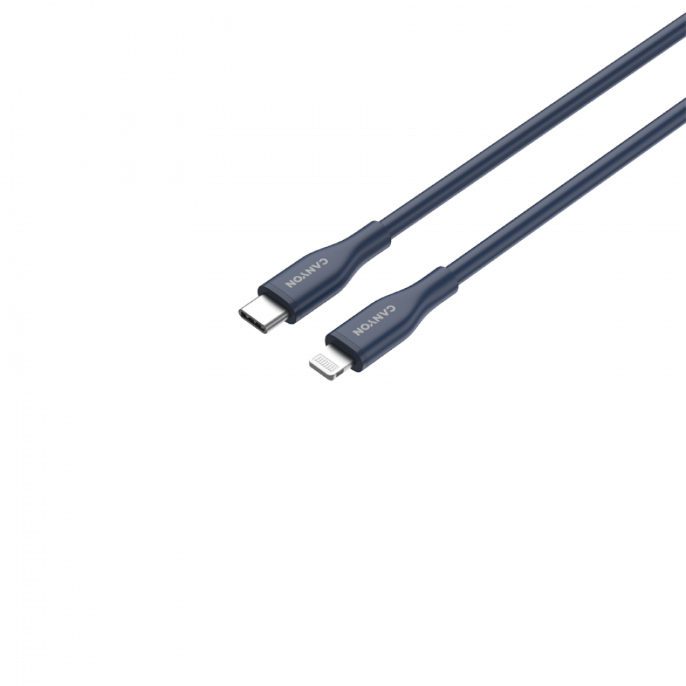 Ciemnoniebieski kabel USB-C na Lightning z logo Canyon.