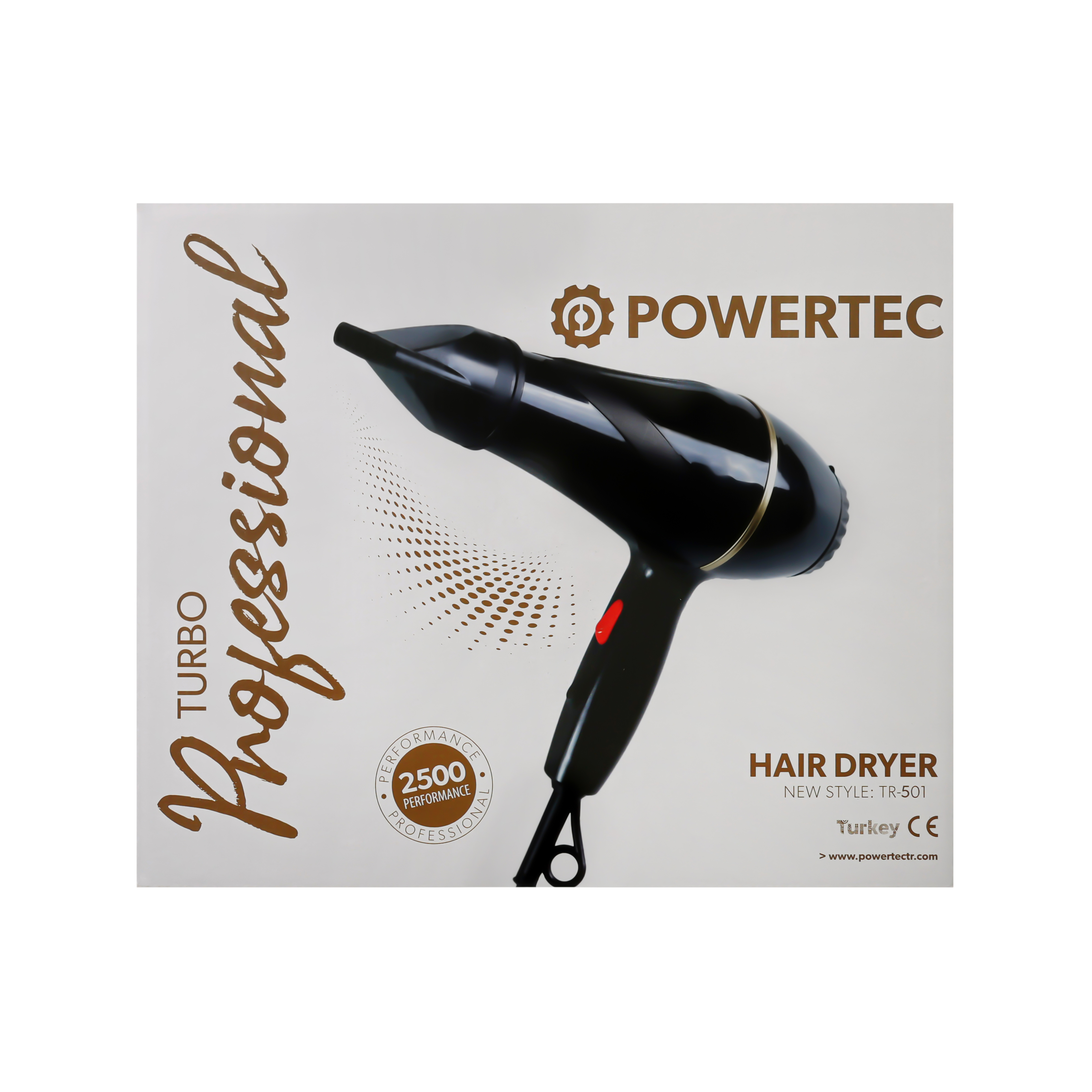 Altın süslemeli ve kırmızı düğmeli siyah Powertec profesyonel saç kurutma makinesi.