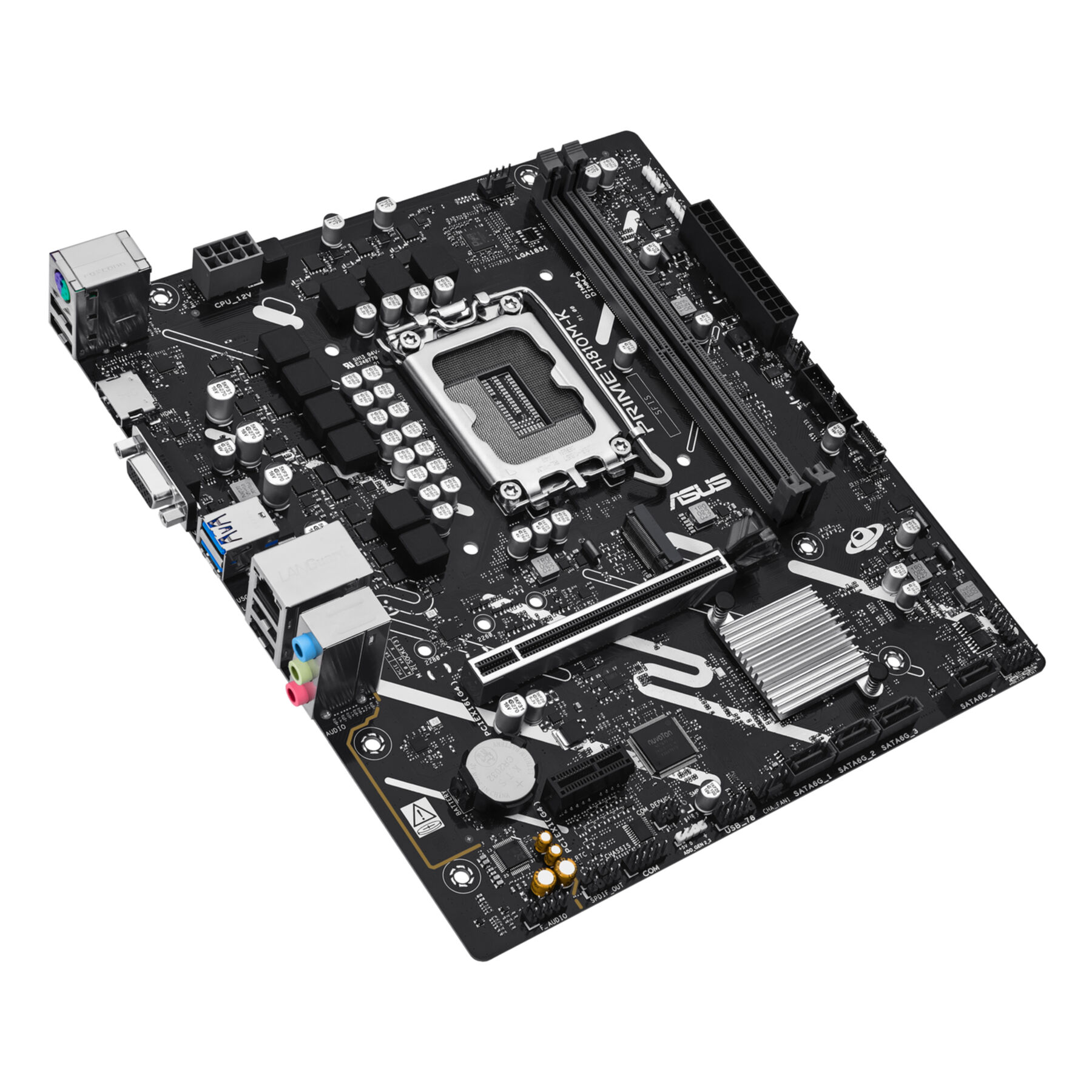 Black ASUS PRIME H810M-K motherboard with CPU socket, RAM slots, and connectors.