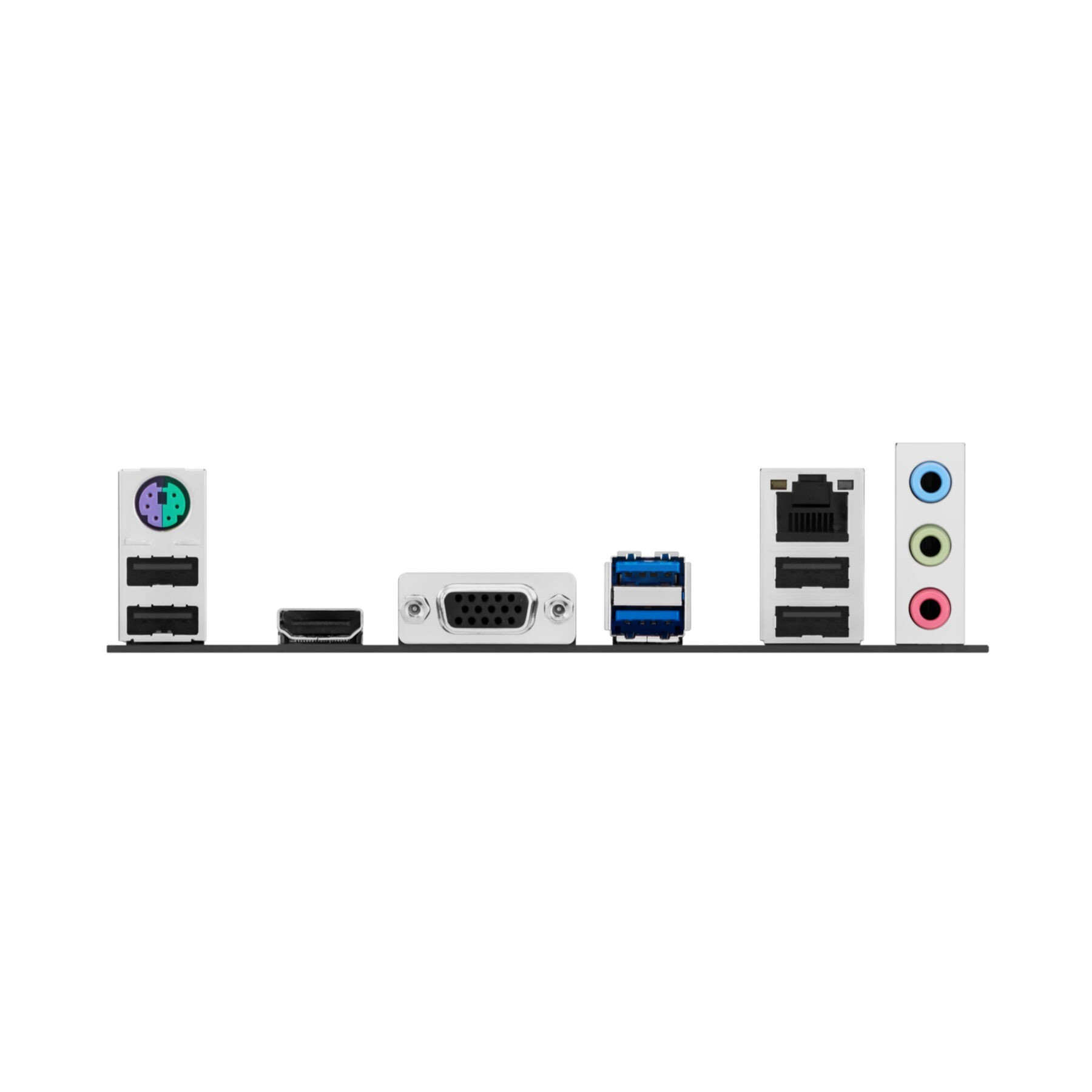 Motherboard rear panel with PS/2, HDMI, VGA, USB, and audio ports.