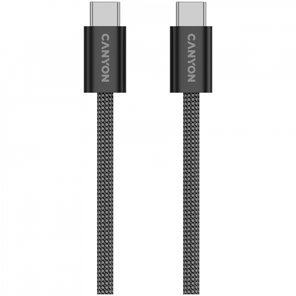Dwa kable USB-C z szarym plecionym przewodem i czarnymi złączami.