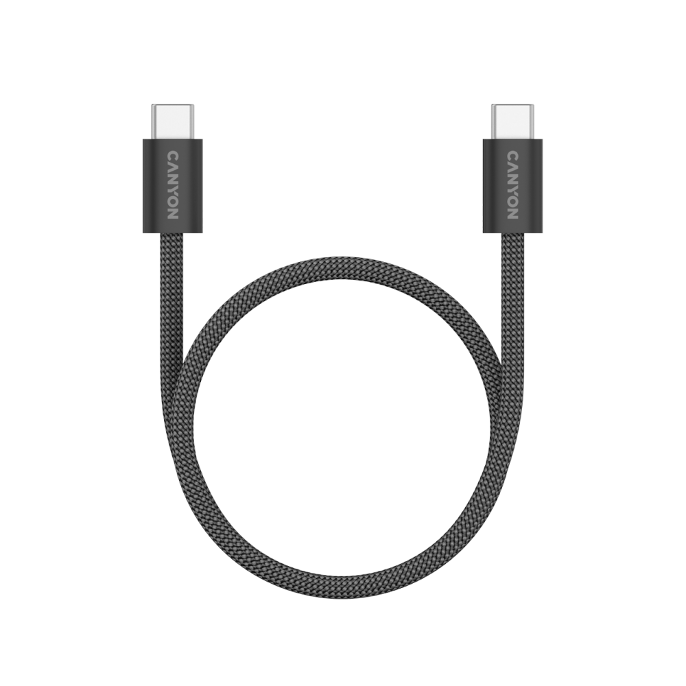 Szary kabel USB-C z logo Canyon, nawinięty po obu stronach.