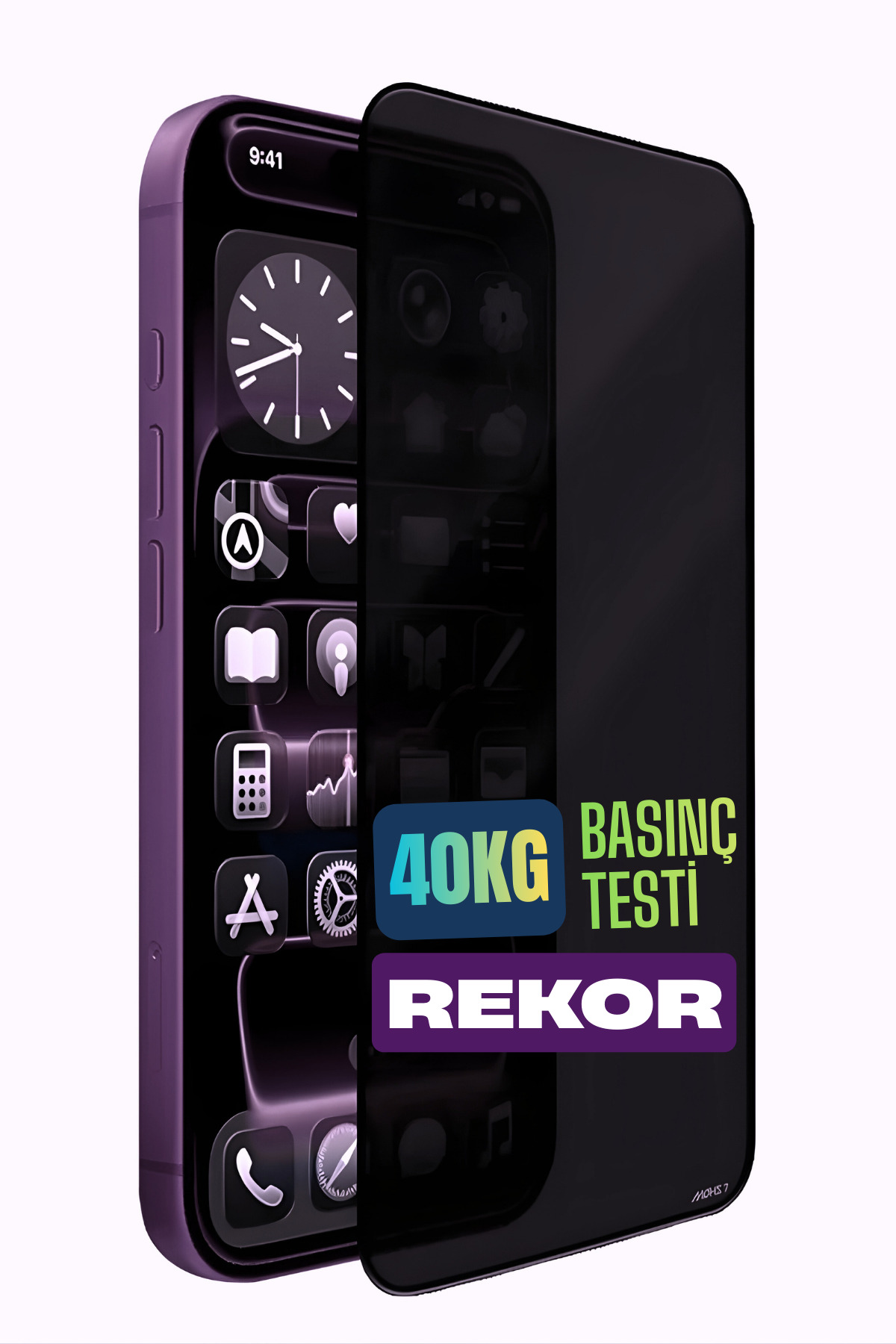 Mor iPhone ekran koruyuculu, 40KG BASINÇ TESTI REKOR yazıyor.