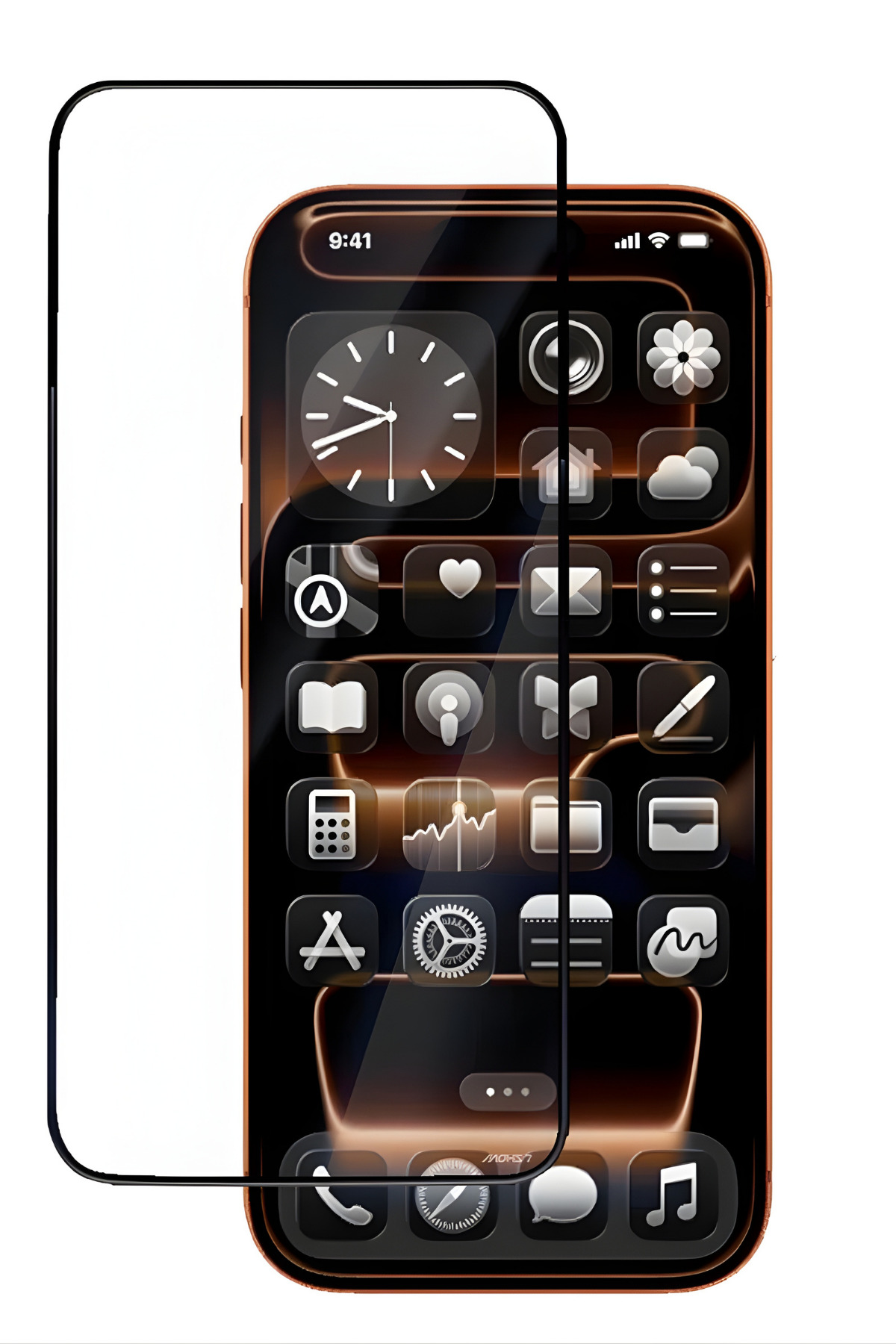 Uygulama simgeleri ve saat gösteren bir akıllı telefon ekranının üzerinde şeffaf ekran koruyucu.
