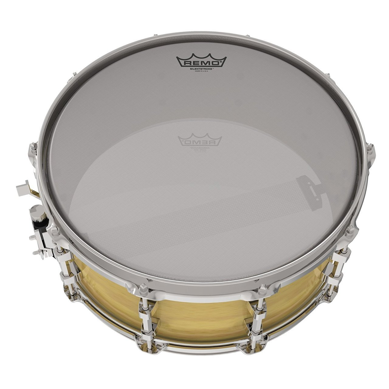 Een close-up van een Remo snare drumkop, met een zilverkleurige slagvel en een goudkleurige ketel.