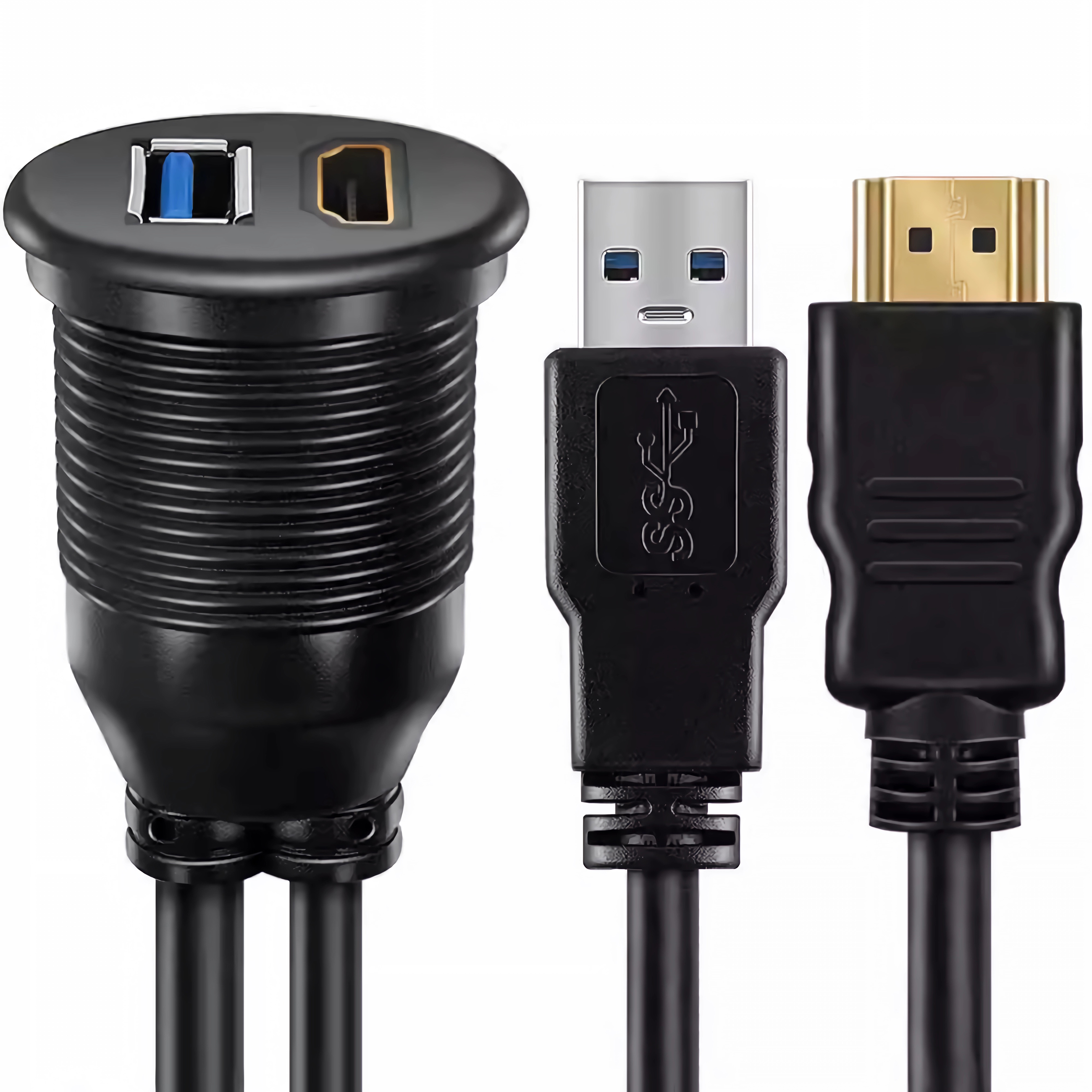 Ein schwarzer runder Anschluss mit USB-A und HDMI-Ports, daneben USB-A und HDMI-Stecker.