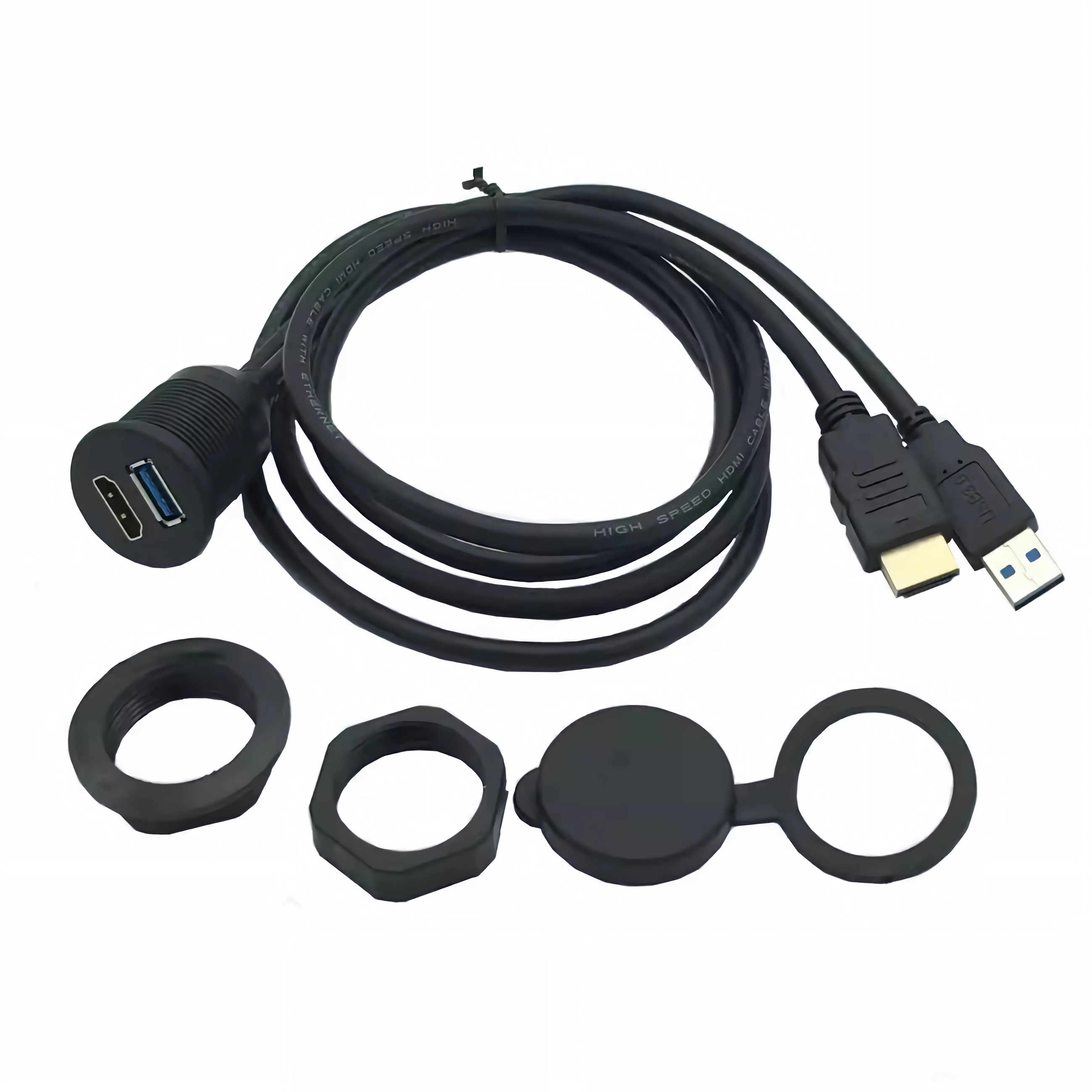 Schwarzes Kabel mit HDMI- und USB-Anschlüssen und Befestigungsteilen.