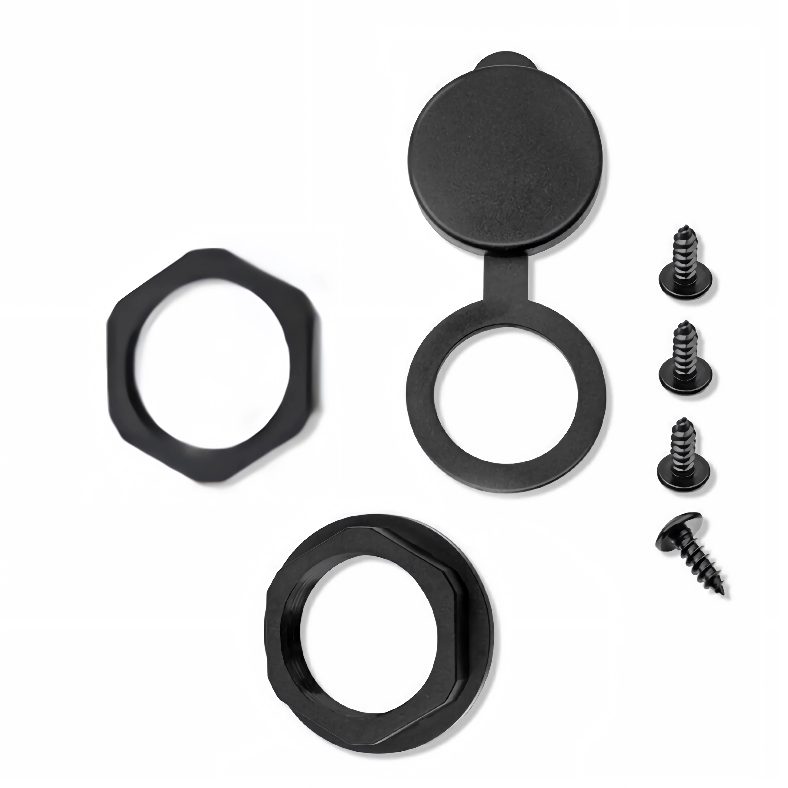 Schwarzer Verschlussdeckel mit Ring, zwei Sechskantringen und vier Schrauben.