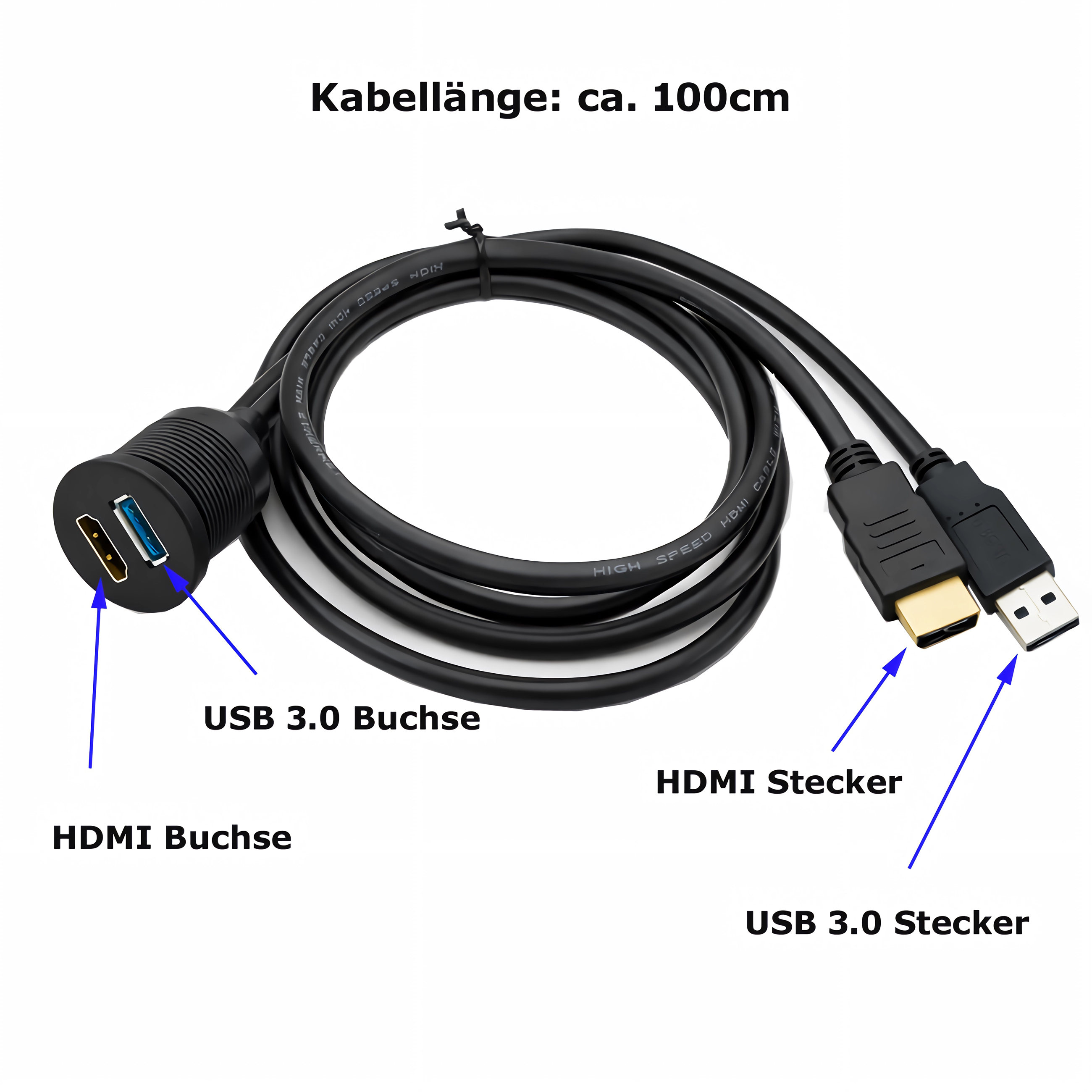 Ein schwarzes HDMI und USB 3.0 Kabel mit Steckern und Buchse.