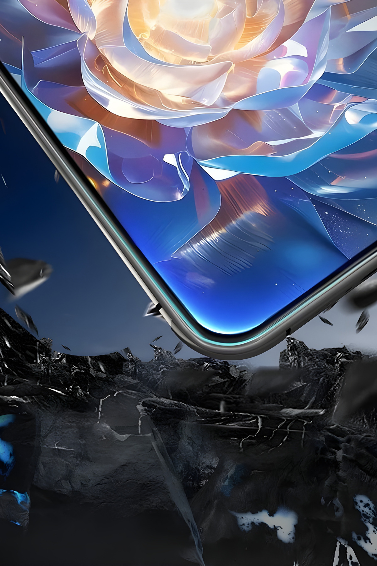 Sert arazi üzerinde akıllı telefon ekranında soyut çiçek şekli.