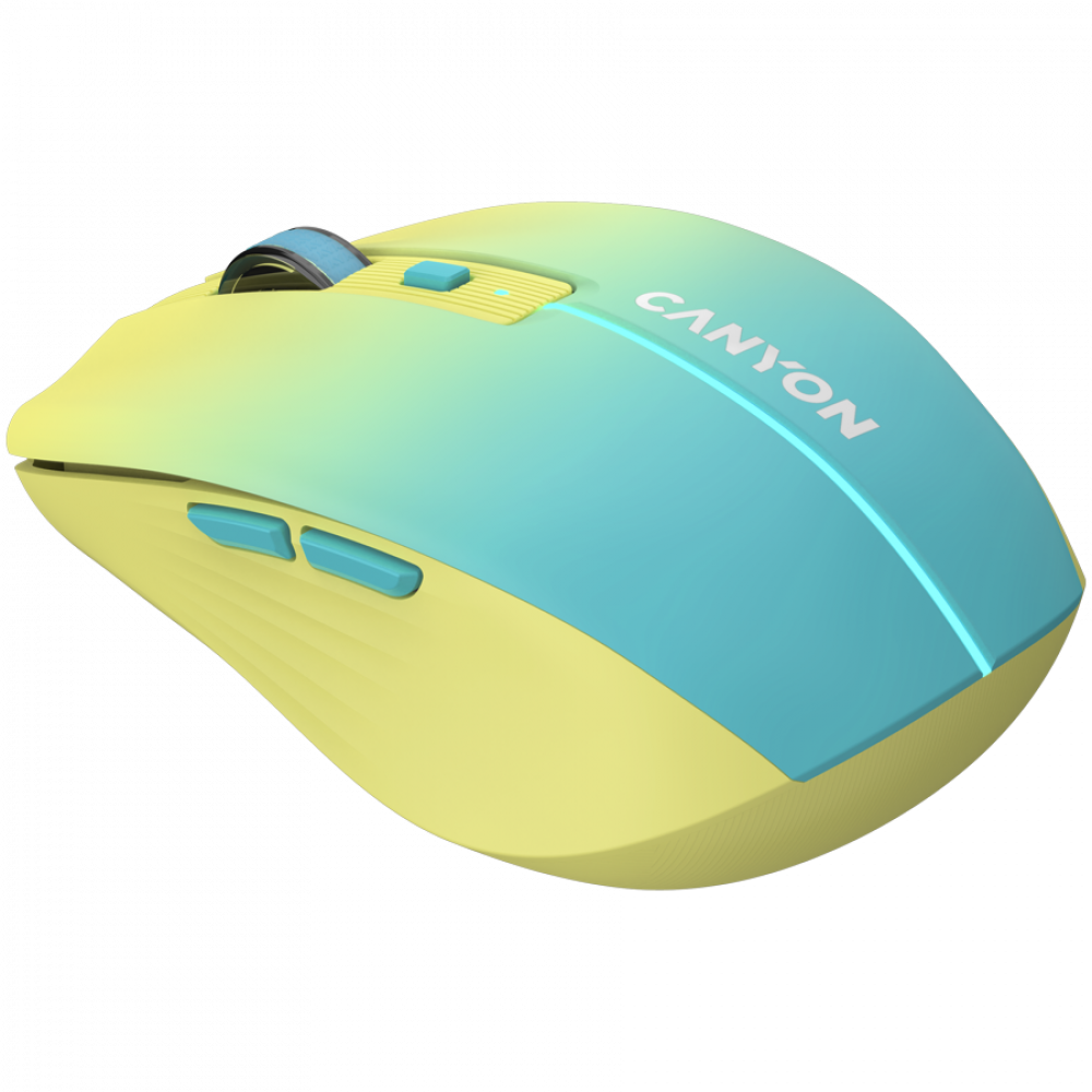 Mysz bezprzewodowa z żółto-turkusowym gradientem i logo Canyon.