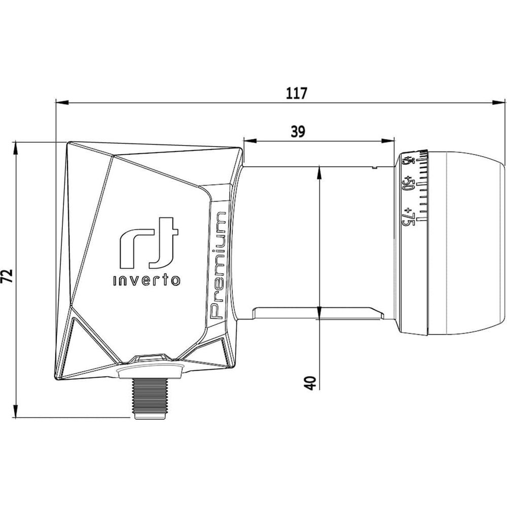 117x72mm boyutlarında ve ölçekli bir LNB'nin teknik çizimi.