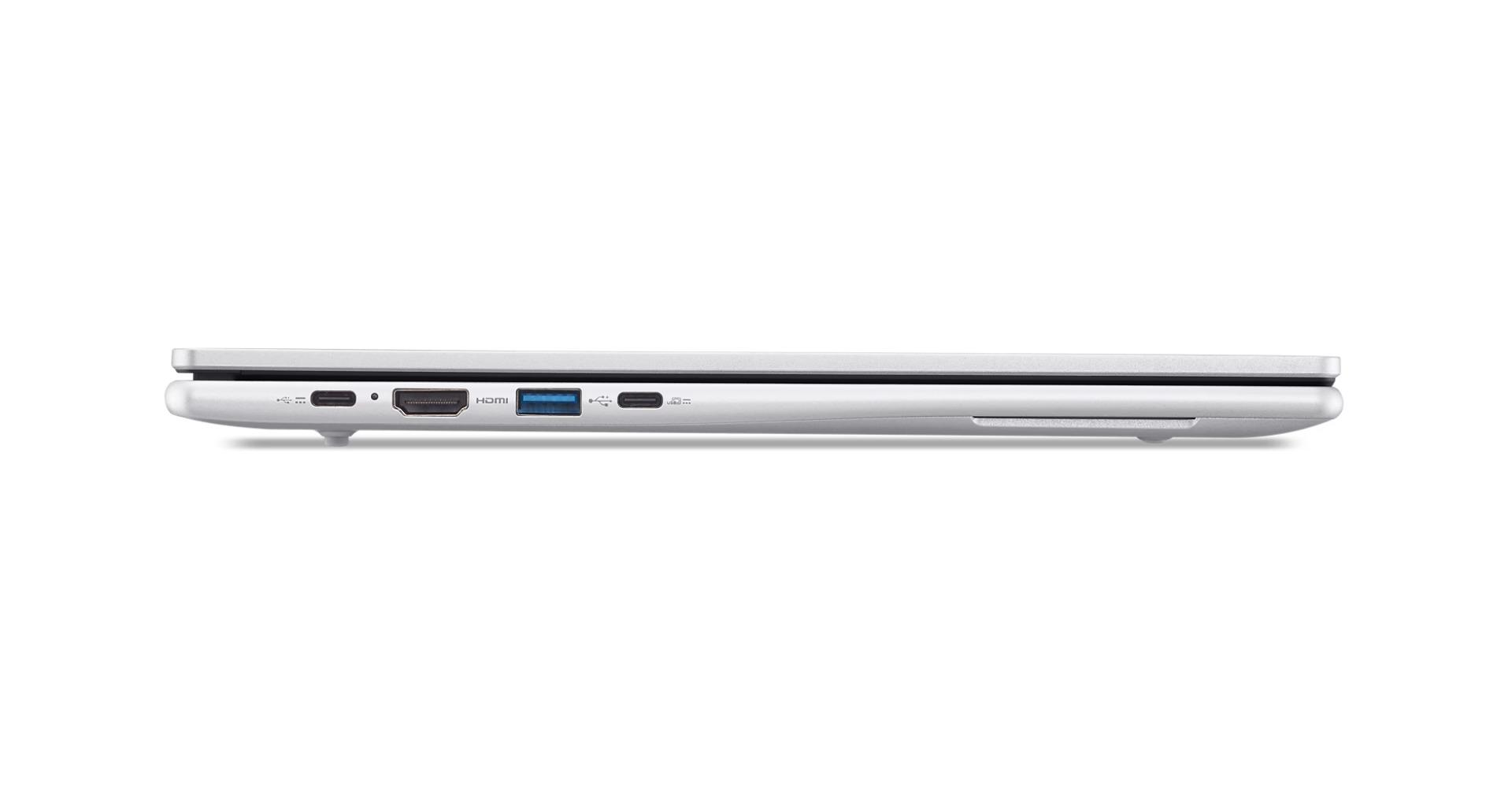 Beyaz dizüstü bilgisayarın yandan görünümü, USB-C, HDMI ve USB-A bağlantı noktaları.