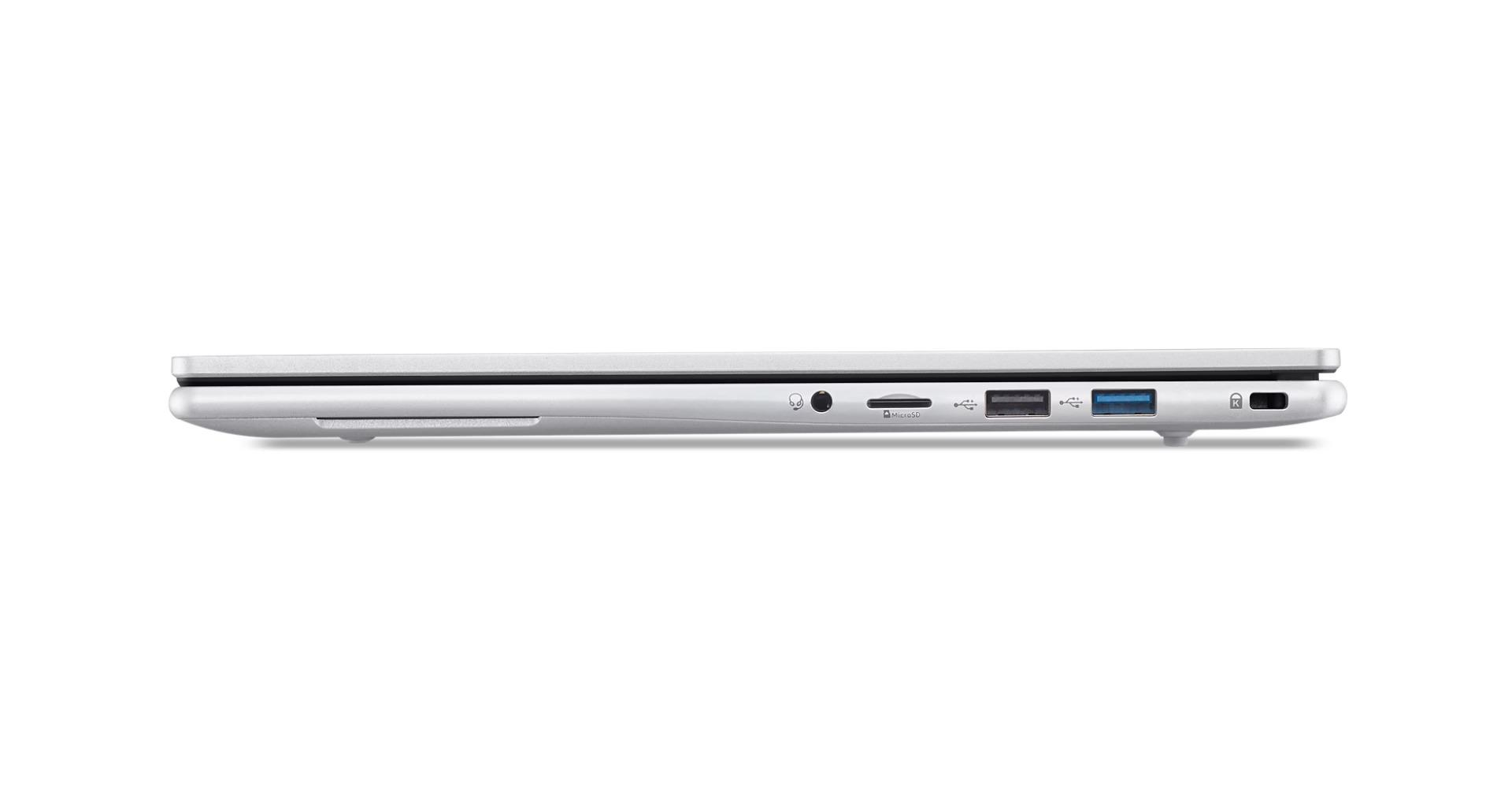 Gümüş renkli dizüstü profili, bağlantı noktaları: kulaklık jakı, MicroSD, USB-A, USB-C, Kensington kilidi.