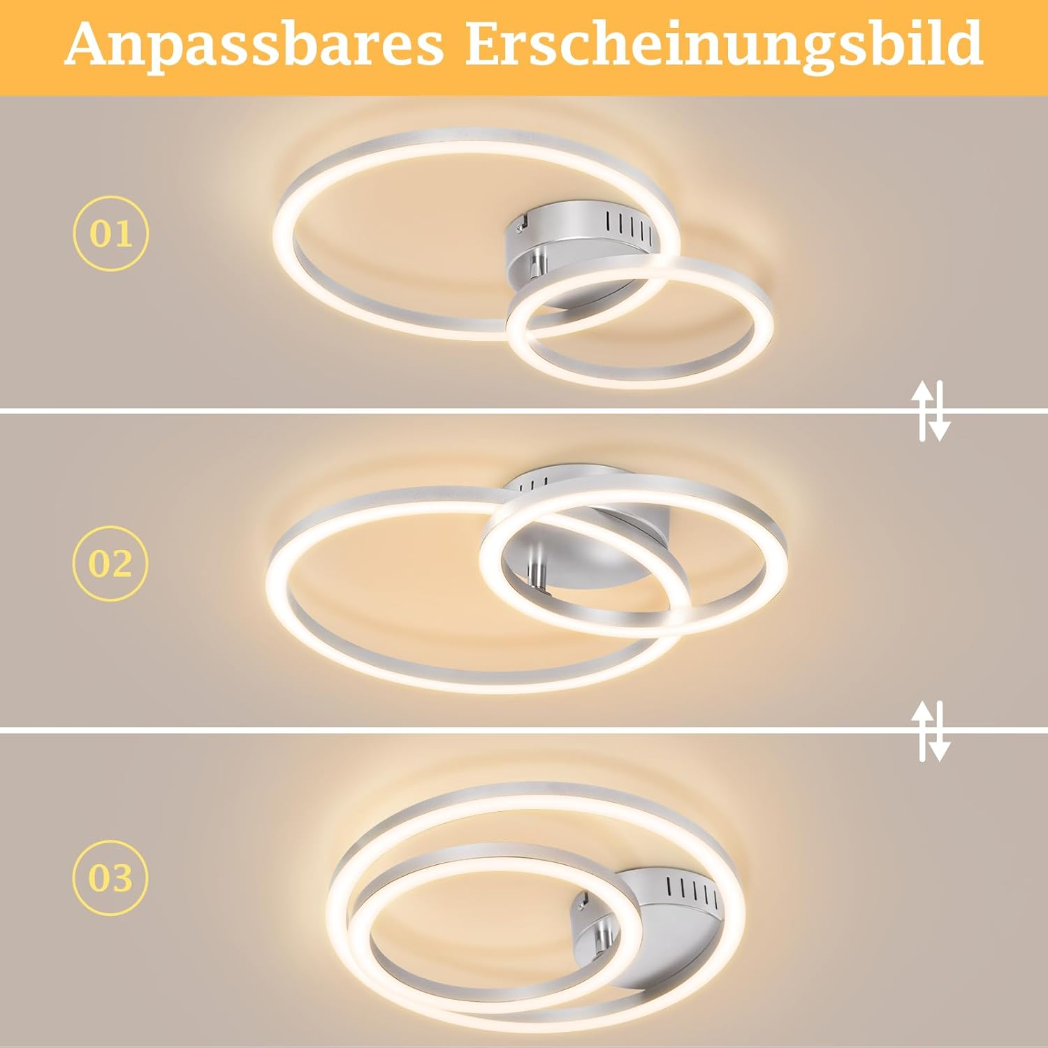 Lampada da soffitto con due anelli in diverse posizioni