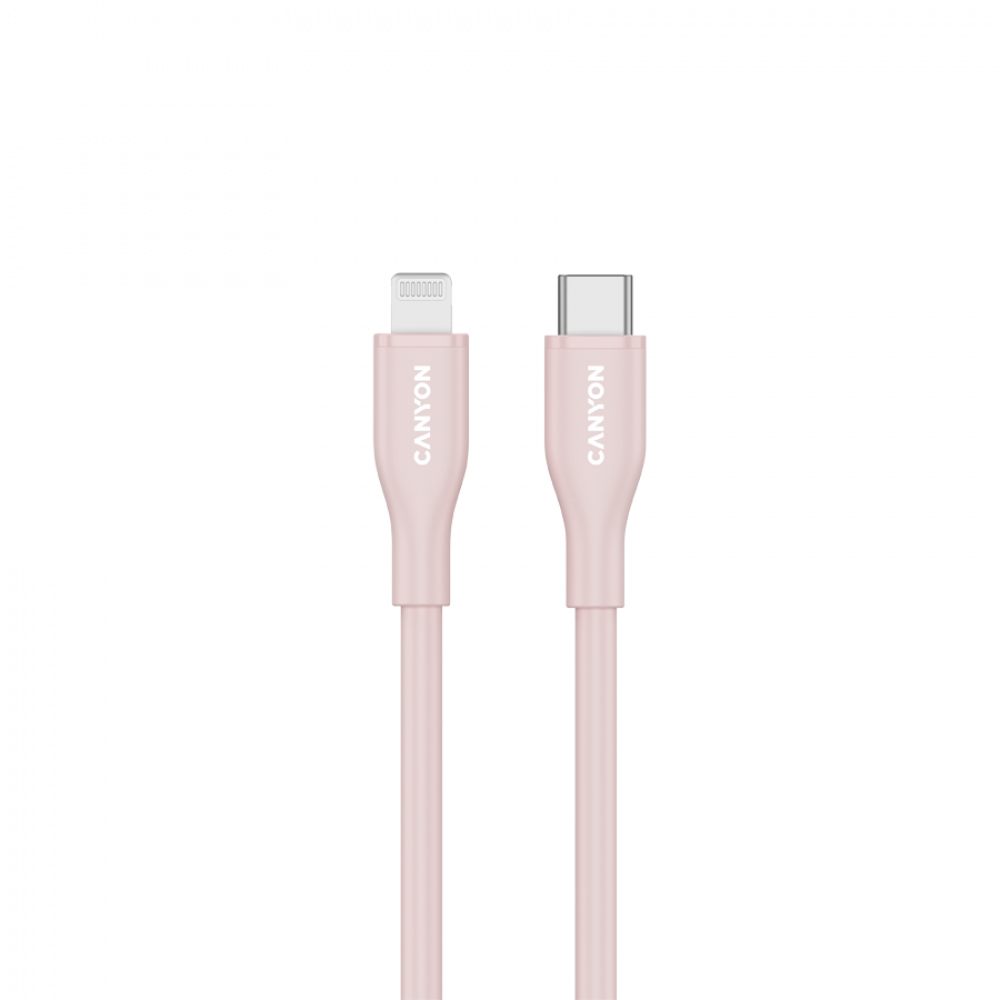 Różowy kabel Lightning i różowy kabel USB-C obok siebie na czarnym tle.