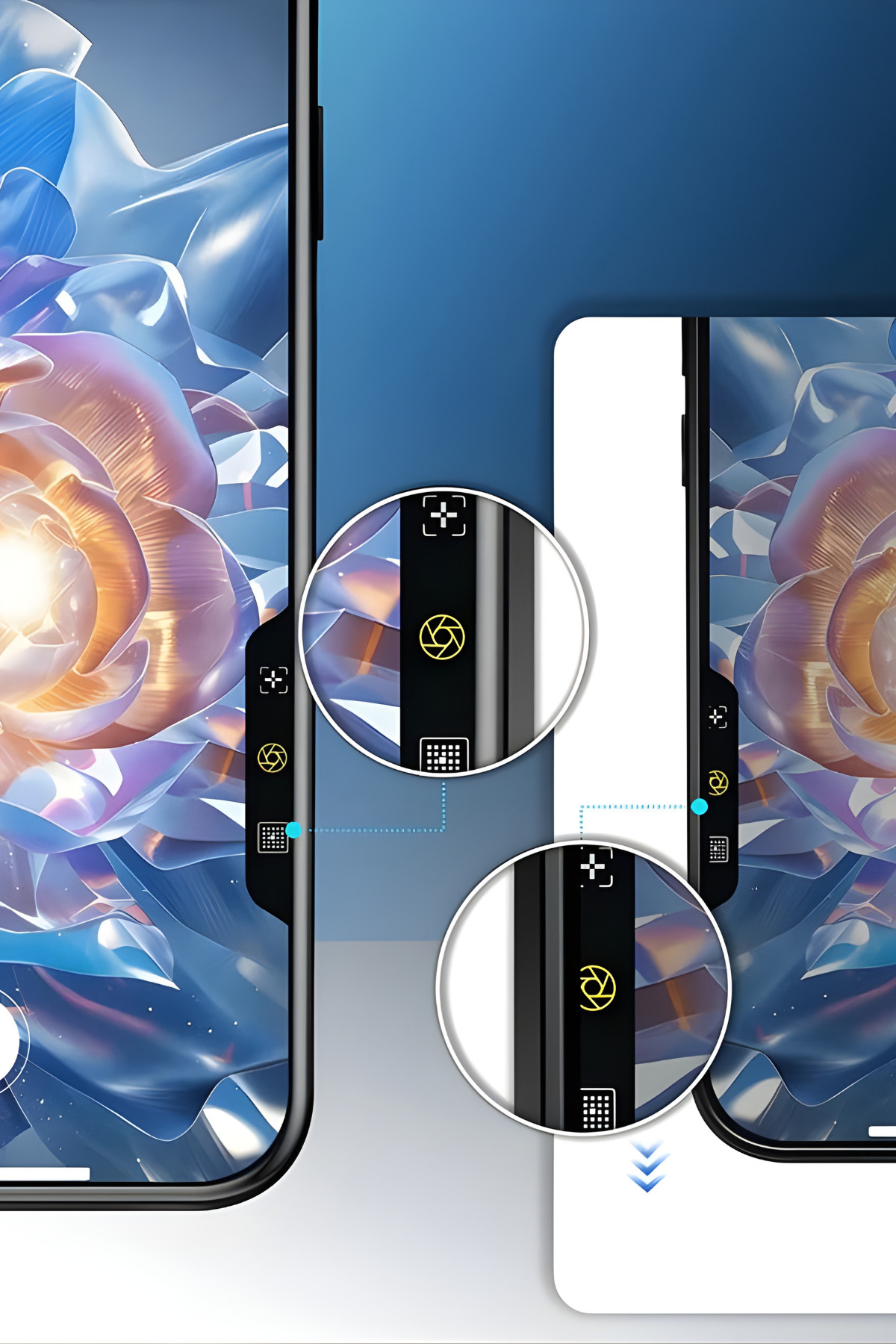 Telefon ekranı soyut sanat gösteriyor. Kamera simgeleri ayarlara yakınlaşıyor.