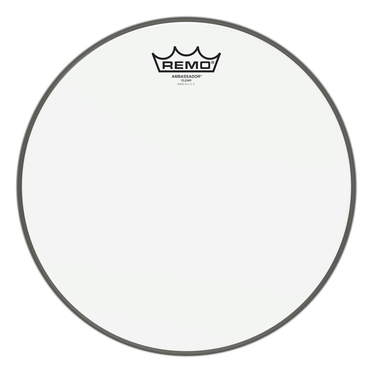 Remo logosu ve "Ambassador Clear" yazısı bulunan şeffaf davul derisi.