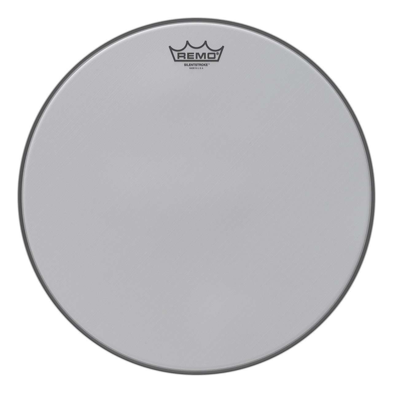 Grijze drumvel met zilveren Remo-logo en "Silentstroke" tekst.