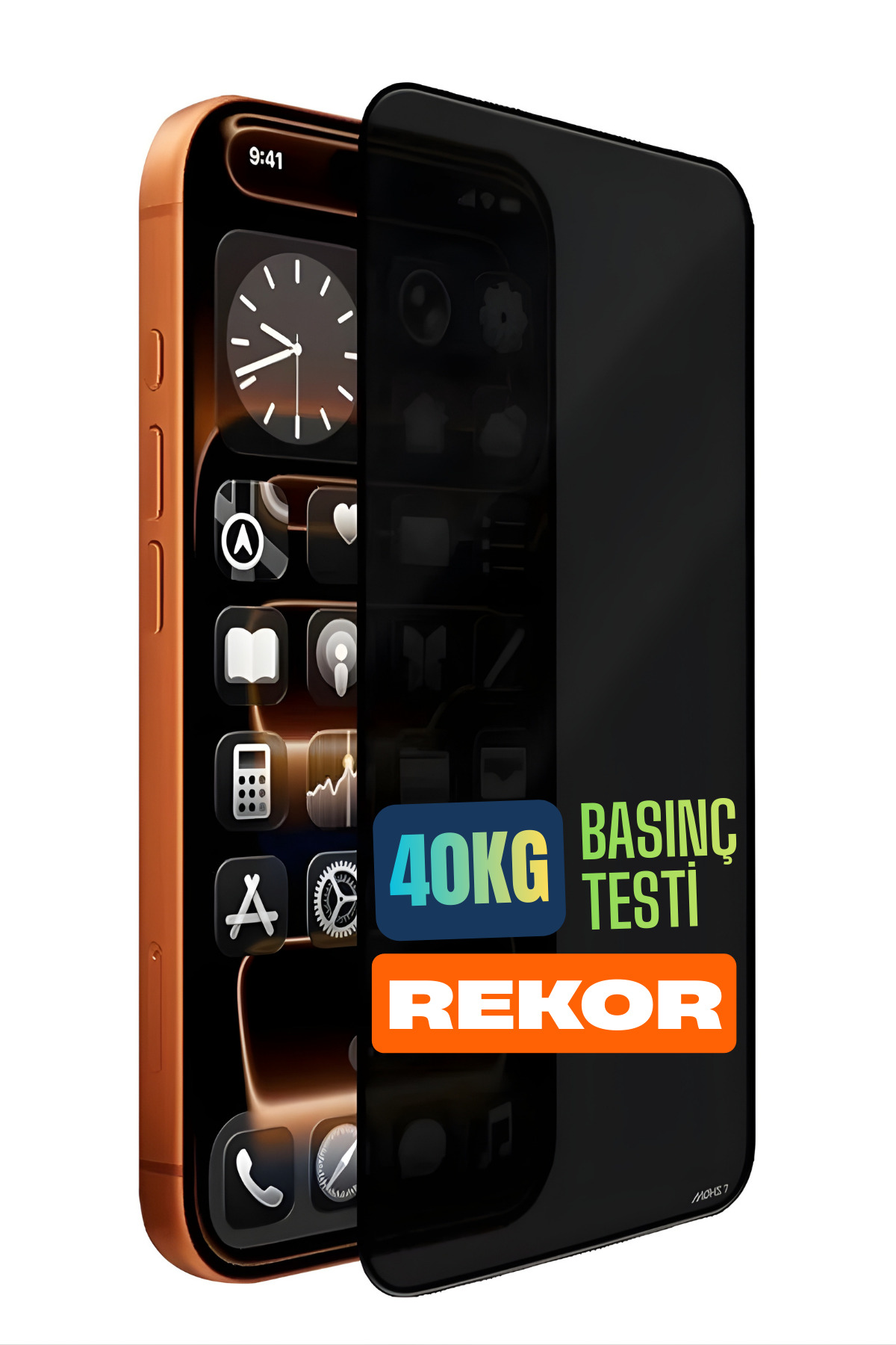 Koyu gizlilik filtreli turuncu telefon ekranı. "40KG BASINC TESTI REKOR"
