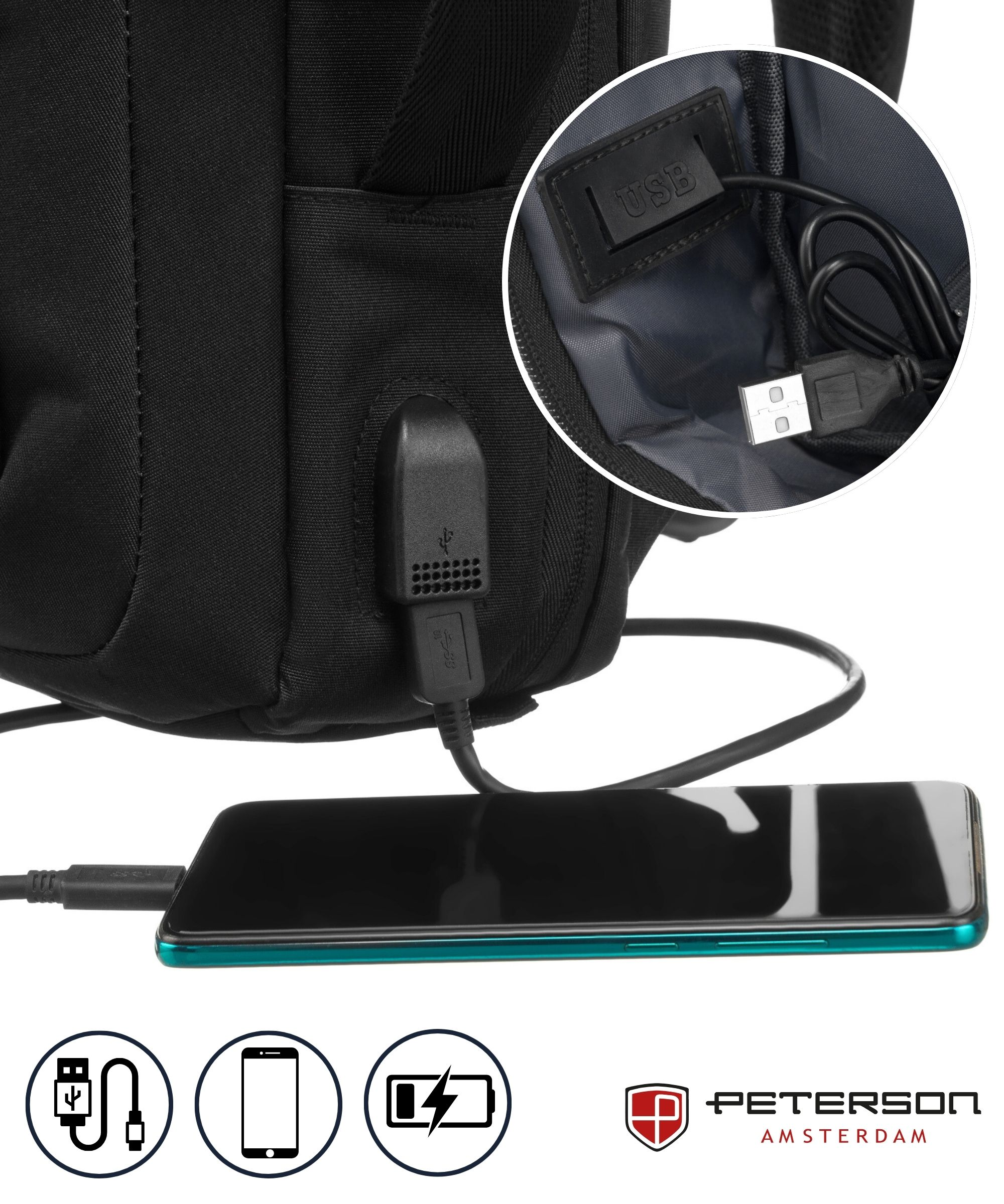Czarny plecak z portem ładowania USB podłączonym do smartfona. Ikony: USB, telefon, bateria.