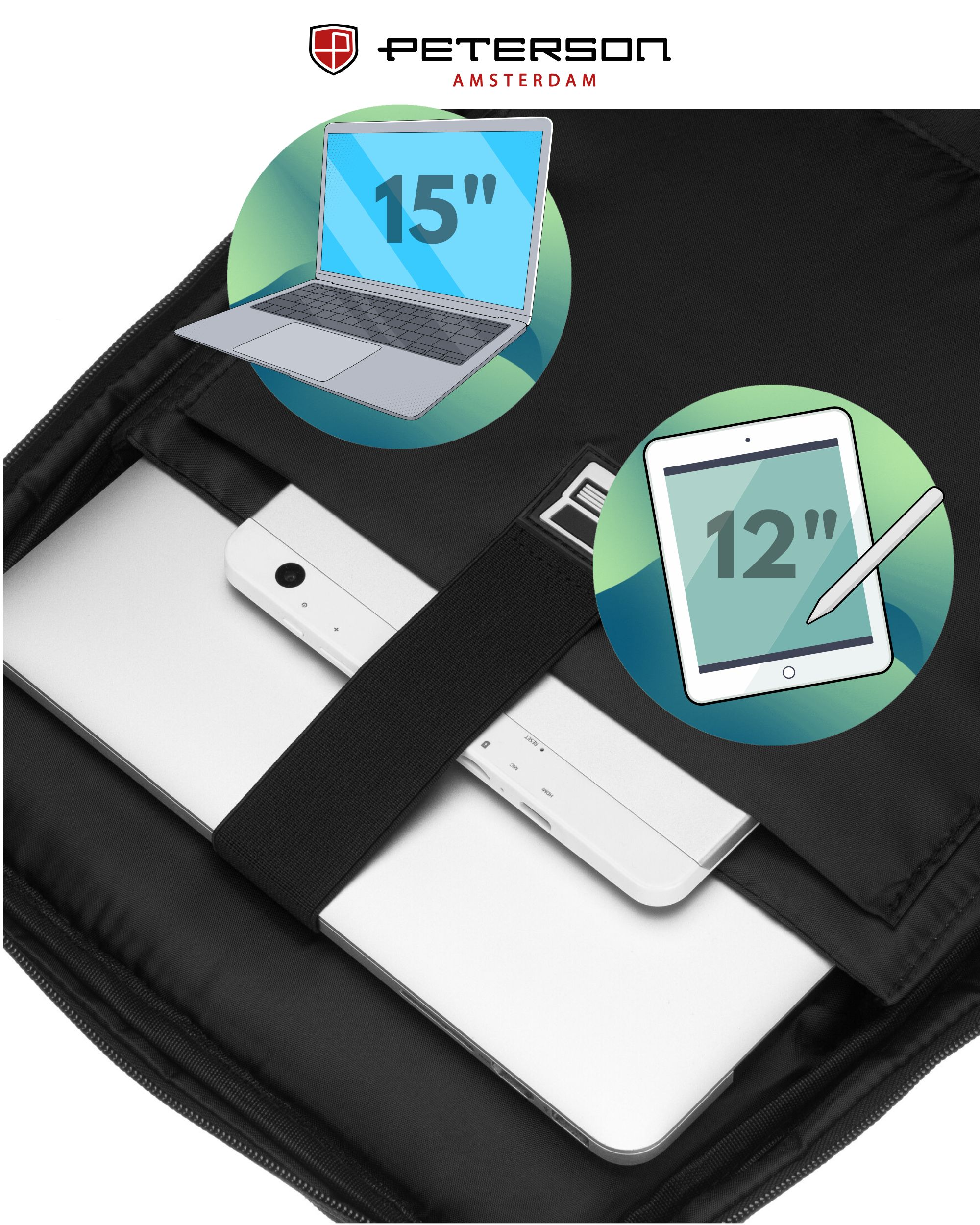 Laptop 15-calowy i tablet 12-calowy pokazane w czarnej torbie.