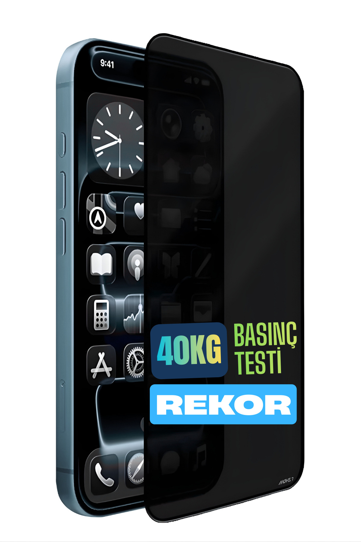 Üzerinde "40KG BASIN TESTI REKOR" yazan mavi bir akıllı telefon.