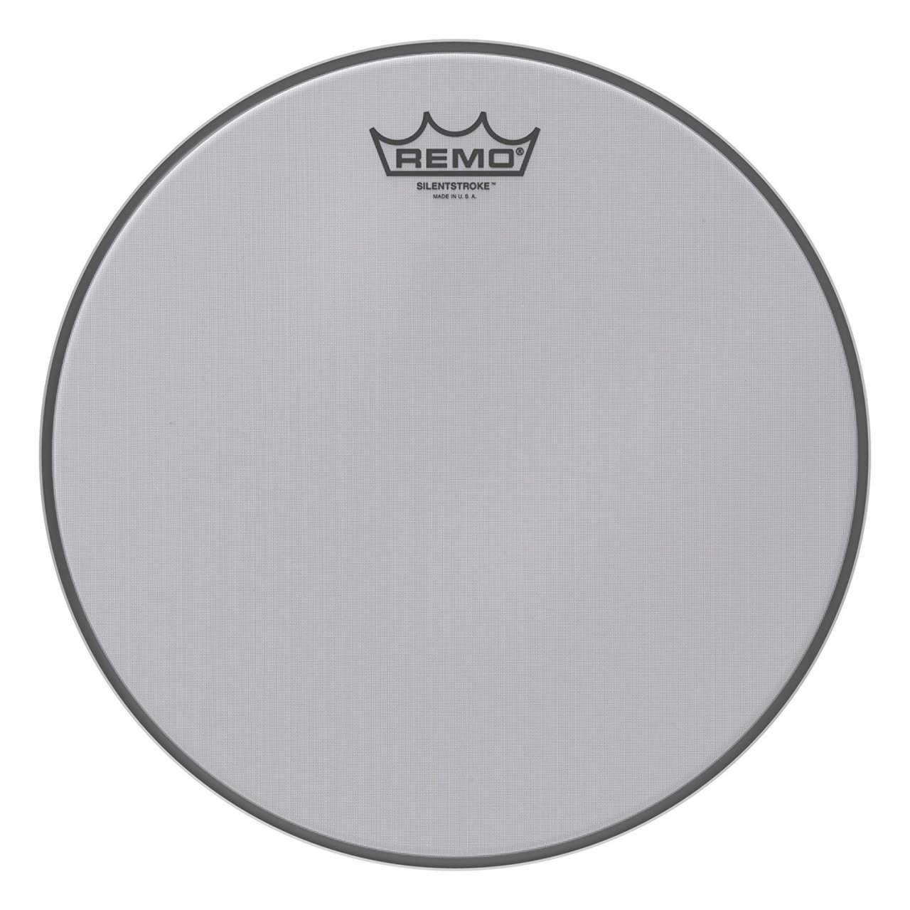 Een grijze Remo Silentstroke drumvel met het Remo-logo in het midden.