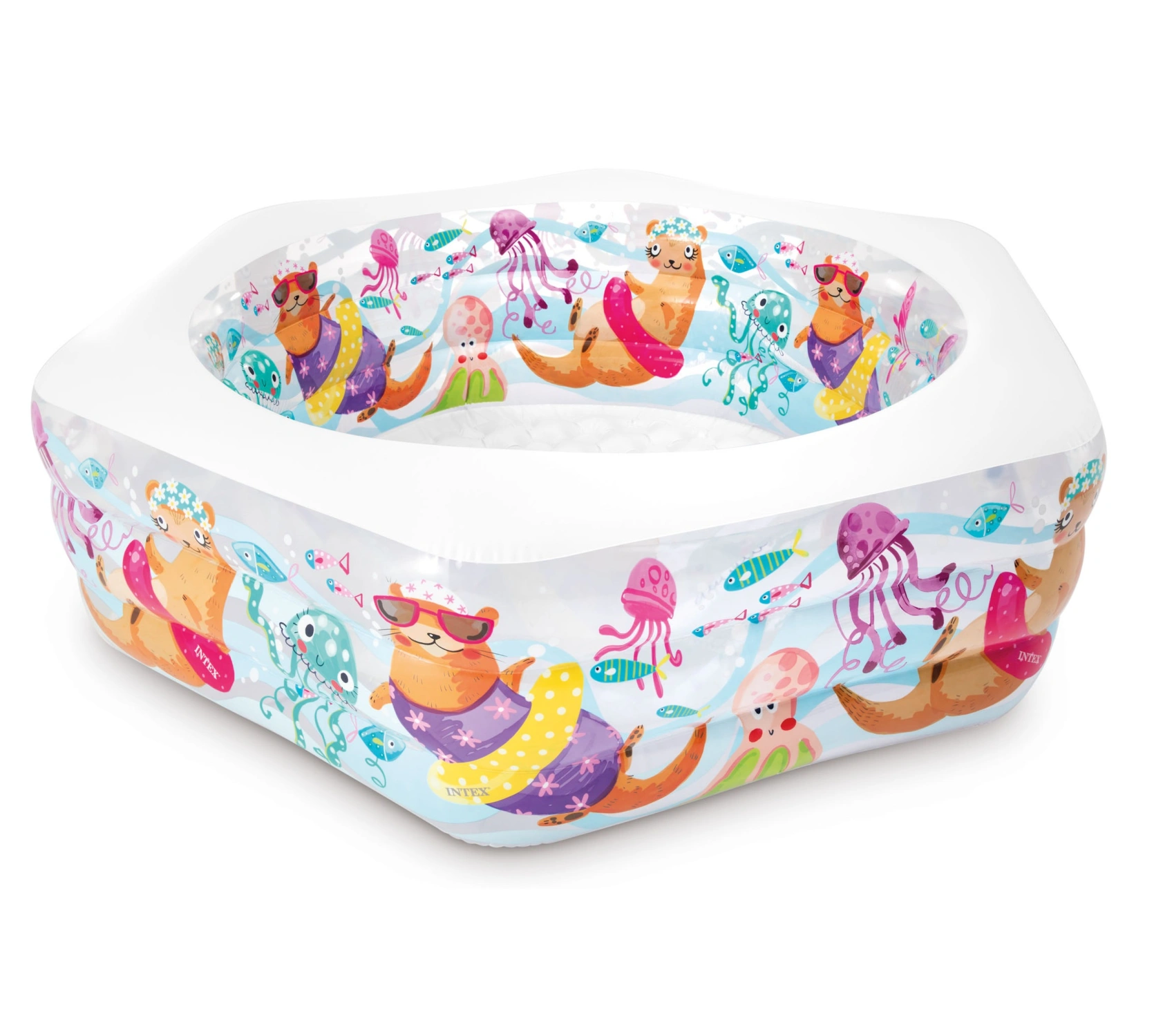 Piscina gonfiabile con lontre, polpi e pesci su sfondo blu.