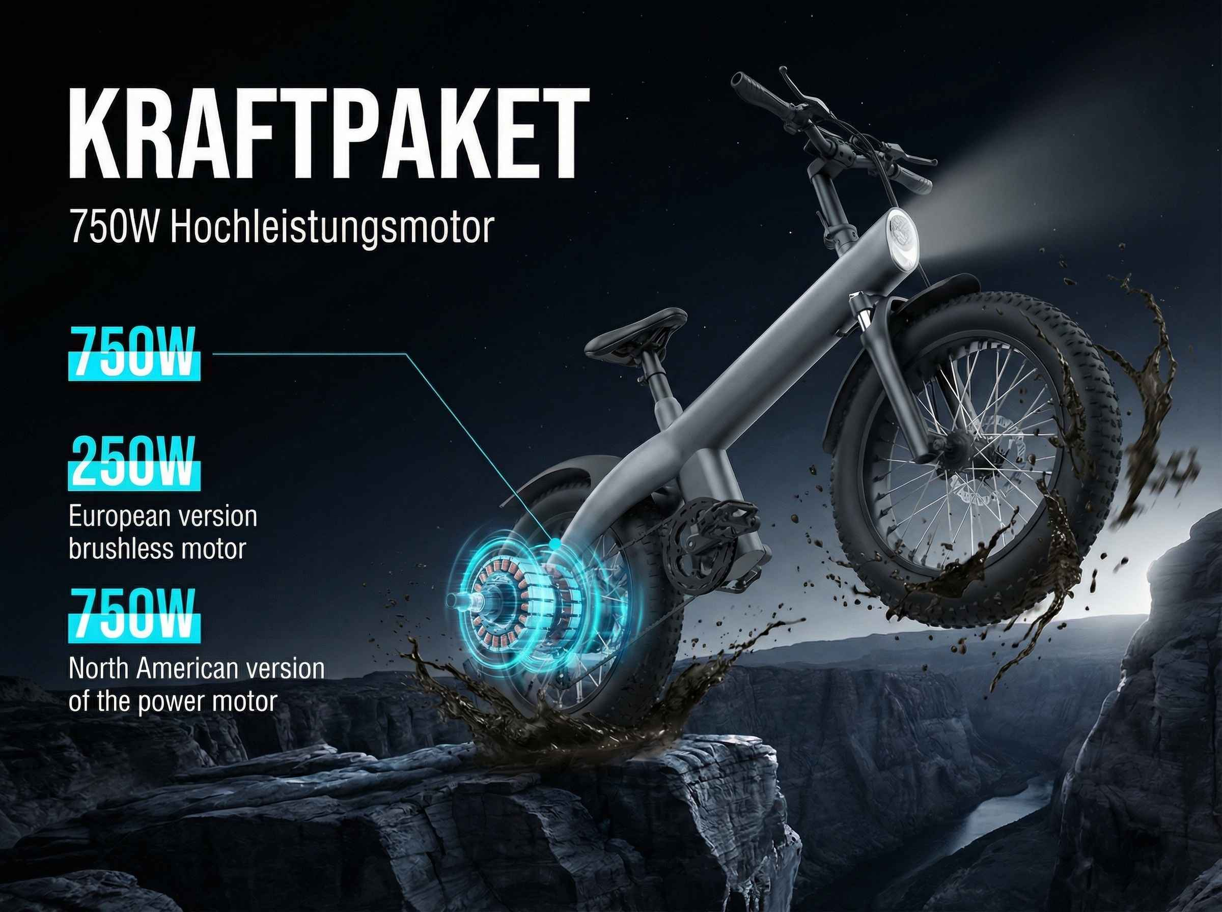 Graues E-Bike mit 750W Motor fährt durch Schlamm vor Bergkulisse.