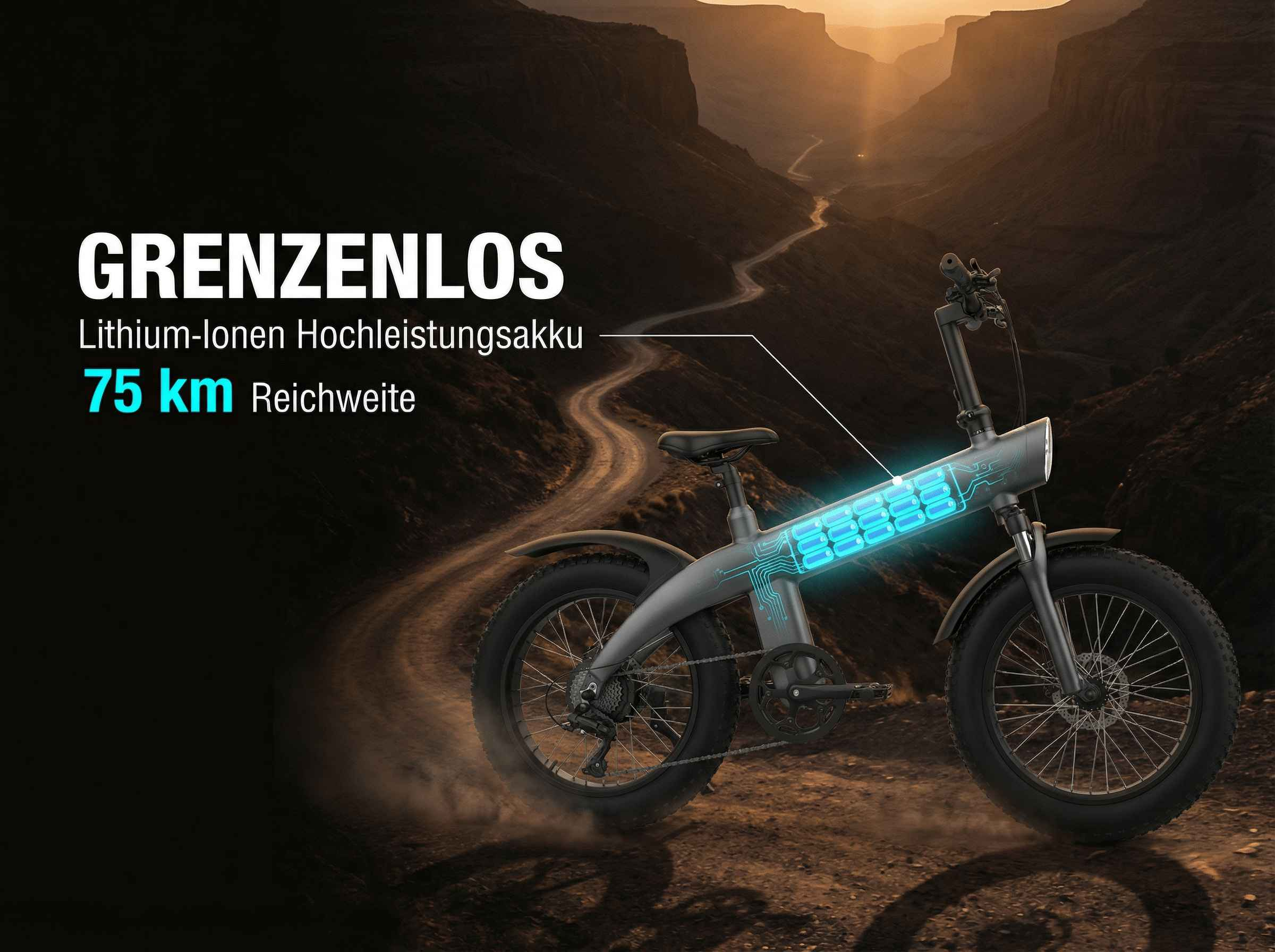 Ein E-Bike mit leuchtenden blauen Batterien fährt auf einem staubigen Bergpfad bei Sonnenuntergang.