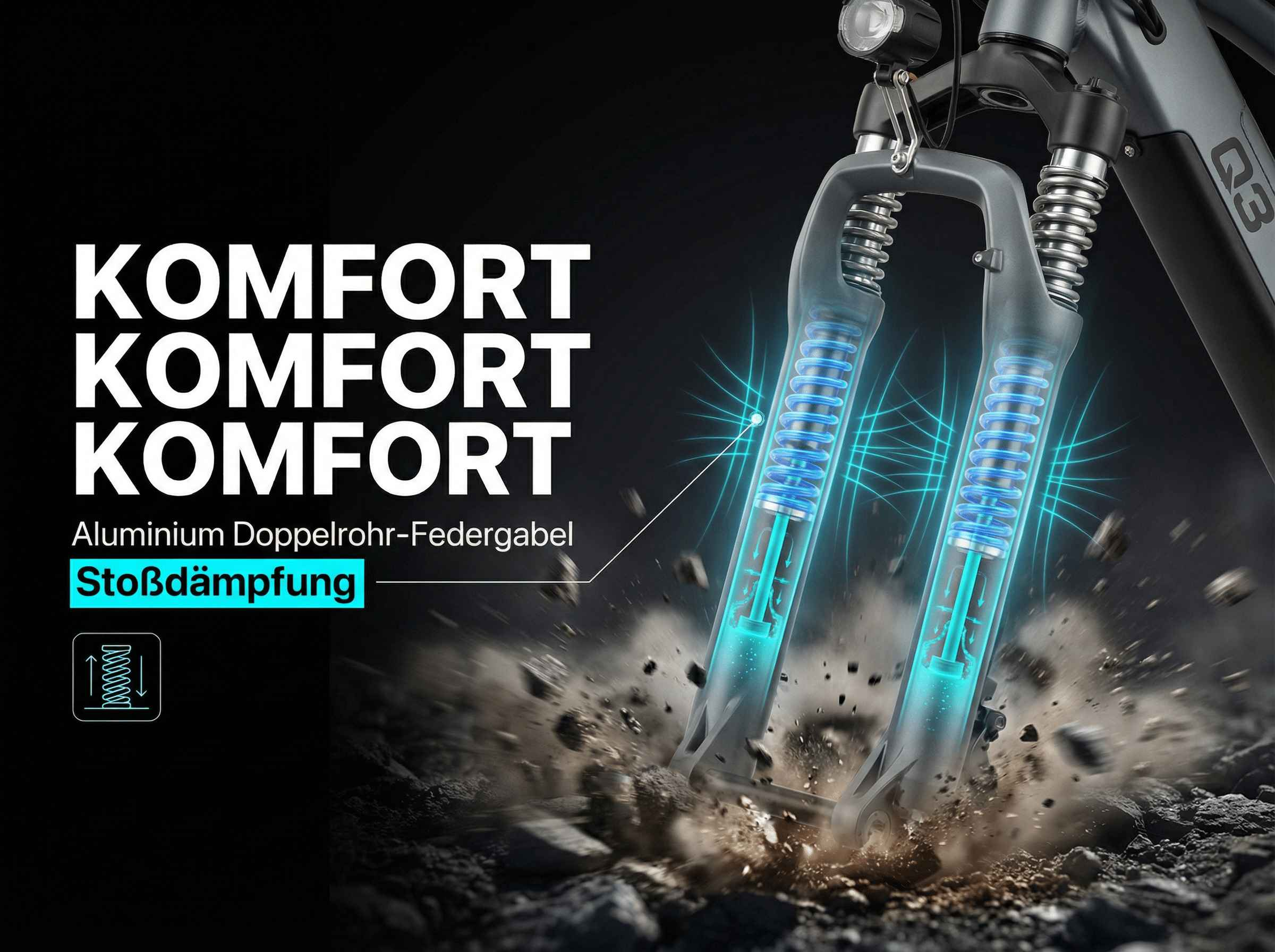 Detailansicht einer Fahrradgabel mit Stoßdämpfung, die auf felsigem Untergrund aufprallt.