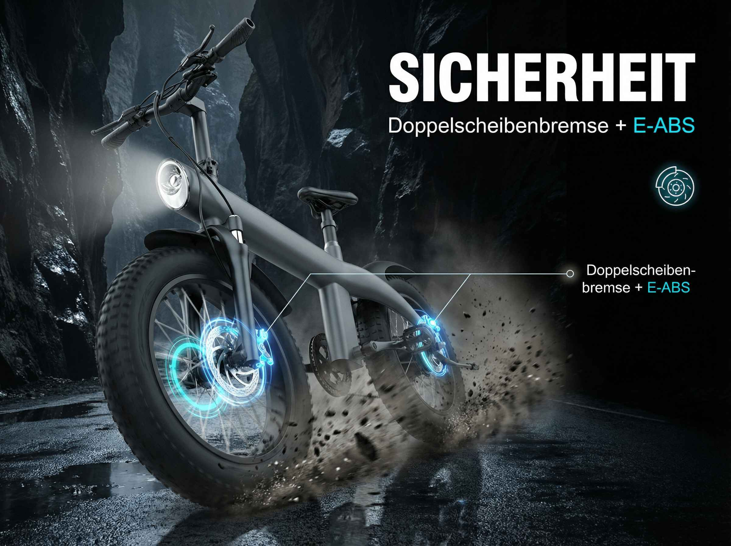 Ein dunkles E-Bike mit Scheibenbremsen fährt auf nassem Untergrund mit aufgewirbeltem Schmutz.
