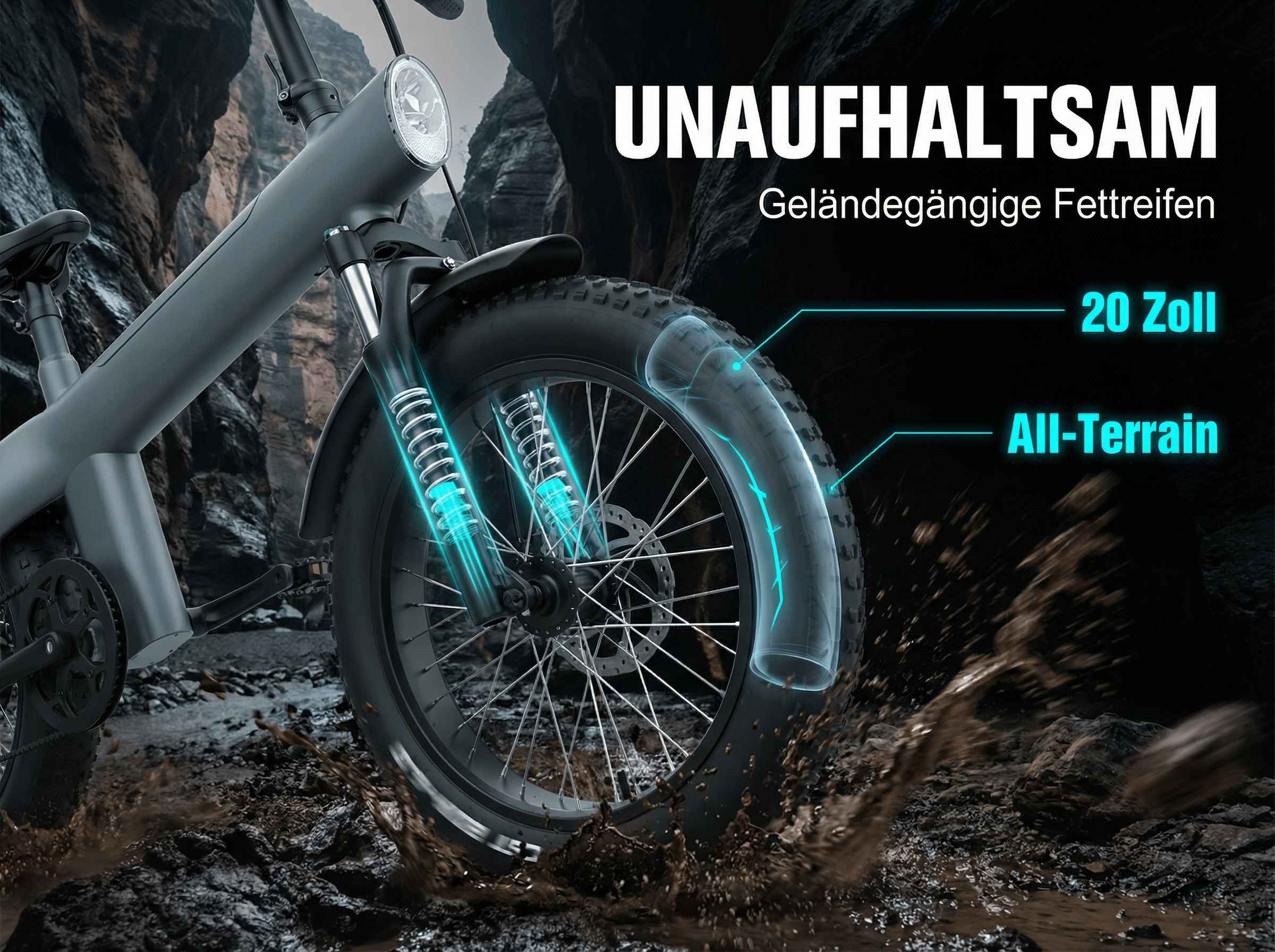 Ein graues Fat-Tire-E-Bike fährt durch Schlamm, mit leuchtenden blauen Effekten.