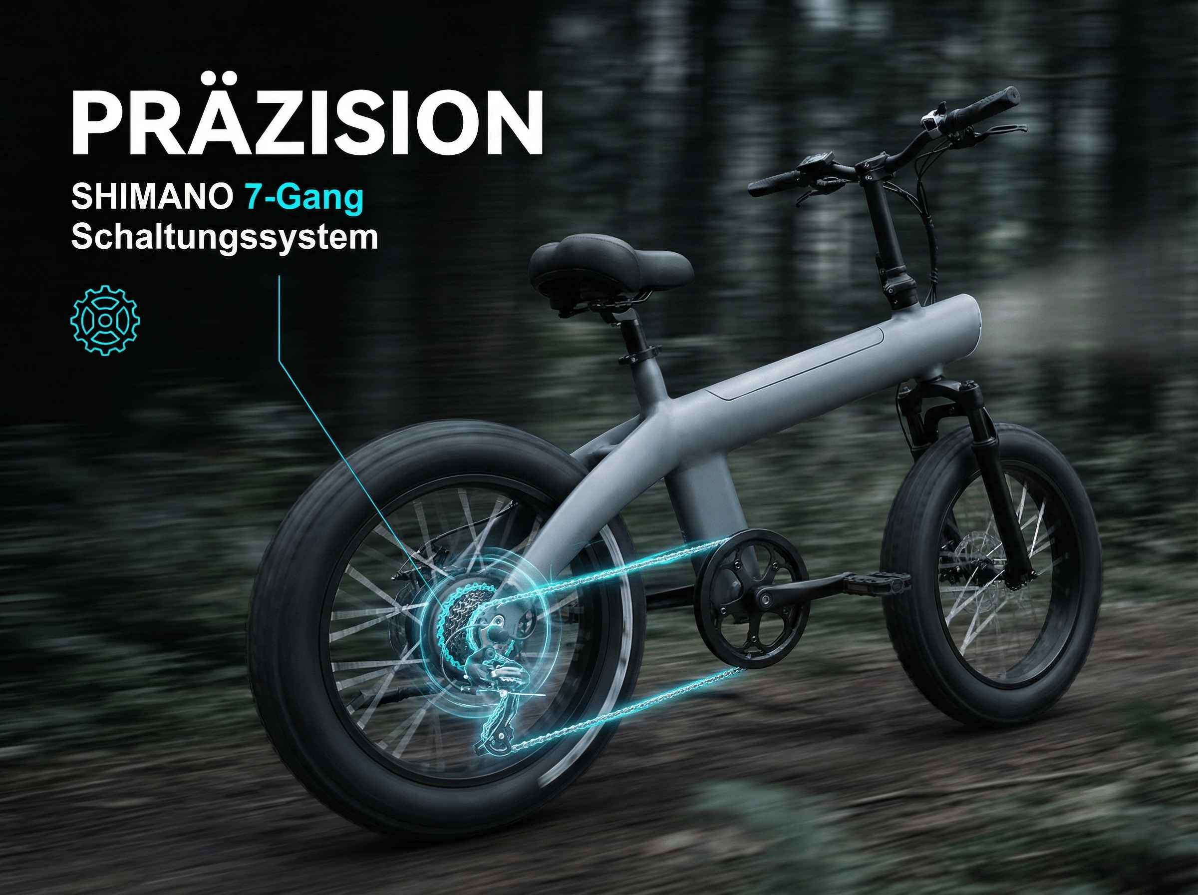 Graues Fahrrad mit SHIMANO 7-Gang Schaltungssystem auf einem Waldweg.