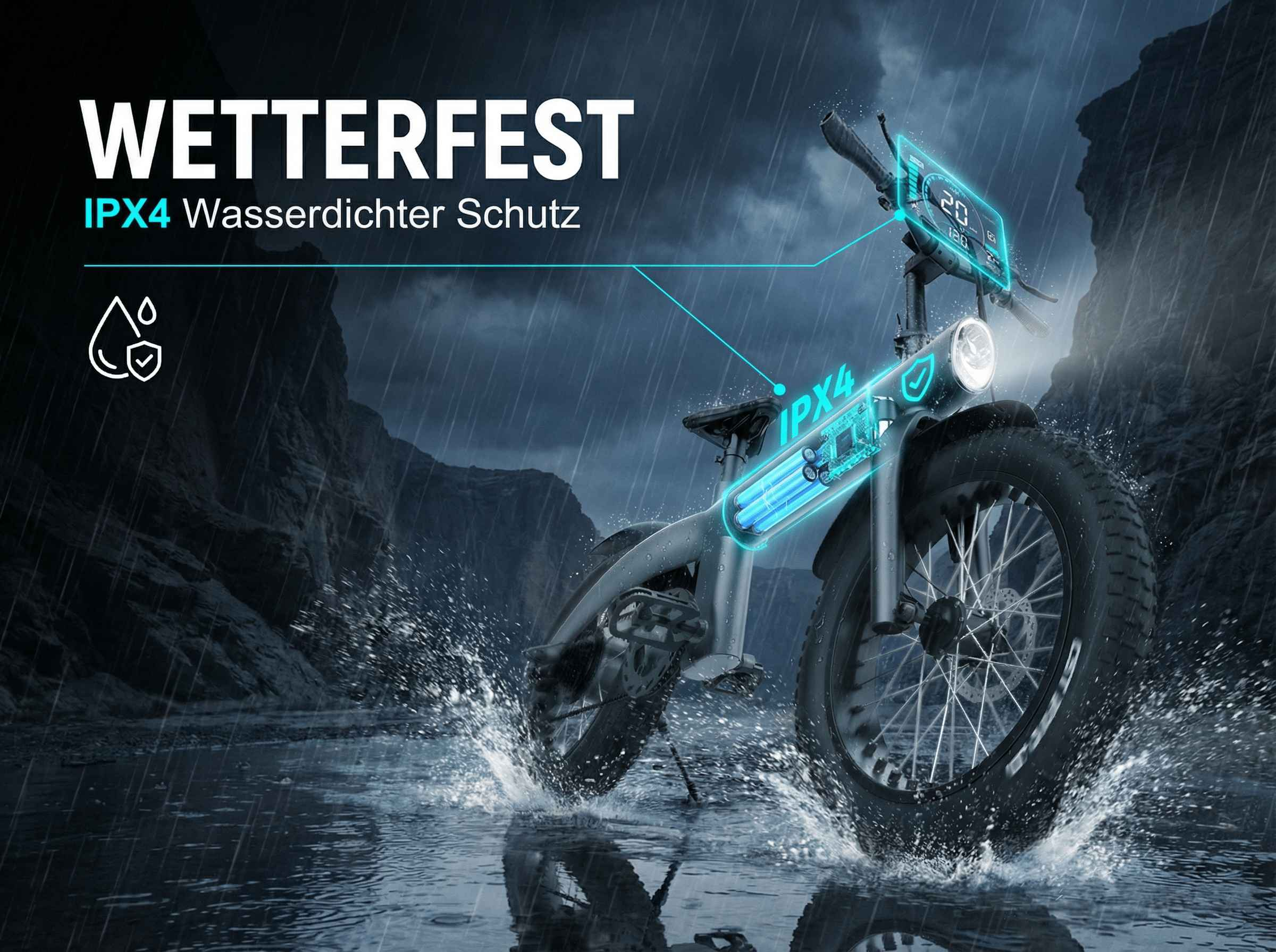 Ein E-Bike fährt durch Regenwasser, es spritzt auf. "WETTERFEST IPX4".