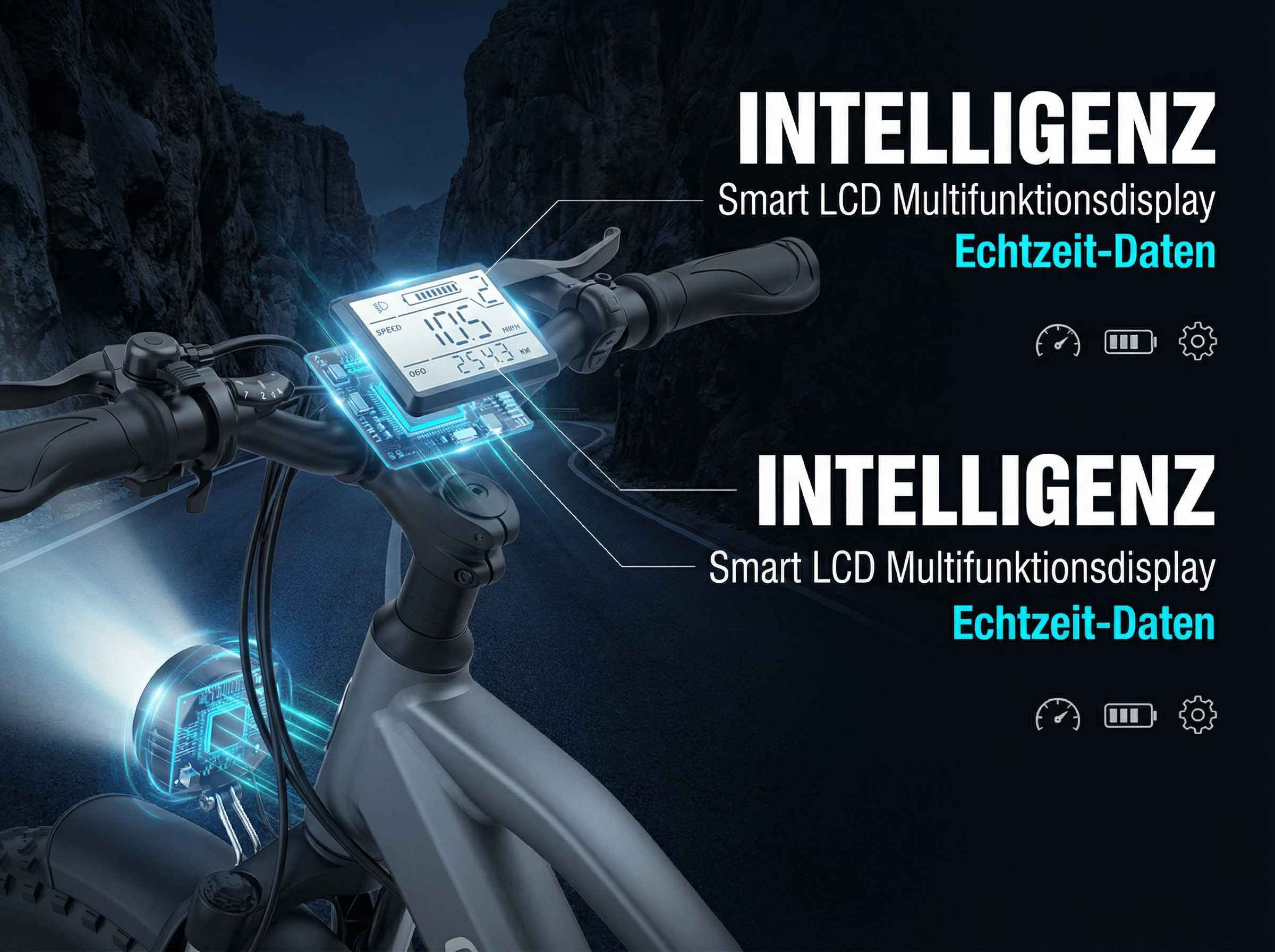 E-Bike Lenker mit intelligentem LCD-Display, das Geschwindigkeit und Distanz anzeigt.