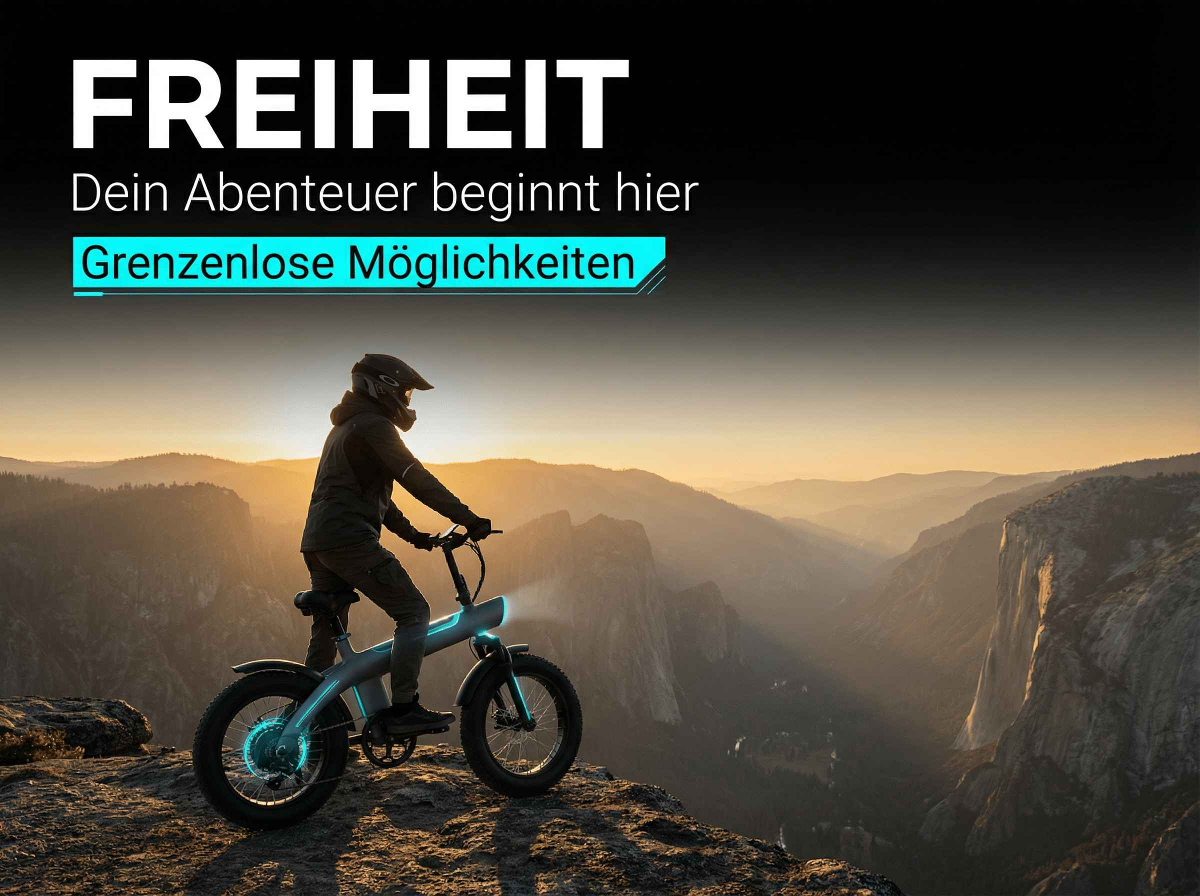 Mann auf E-Bike auf Bergkante bei Sonnenuntergang, mit Berglandschaft im Hintergrund.