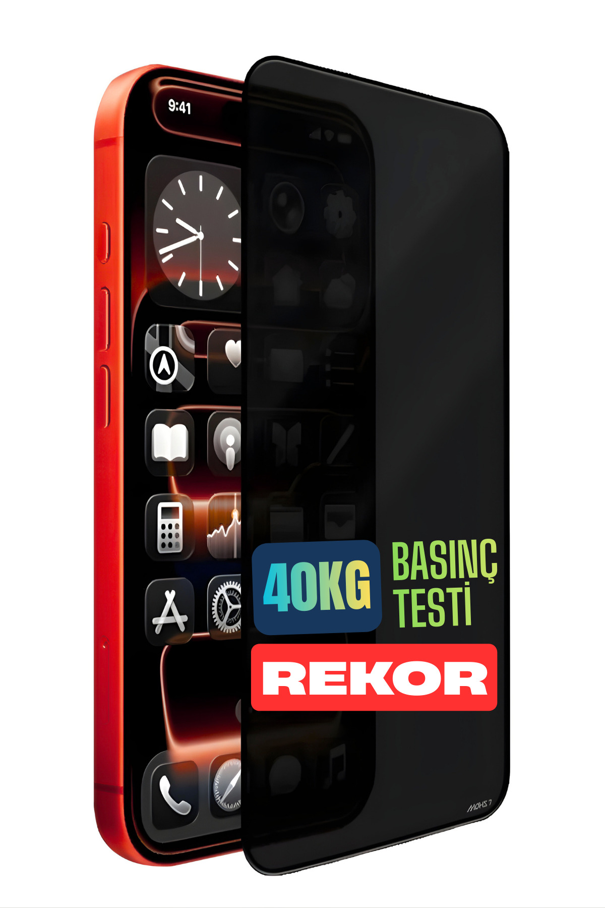 Siyah ekran korumalı kırmızı akıllı telefon, 40kg basınç testi rekor.