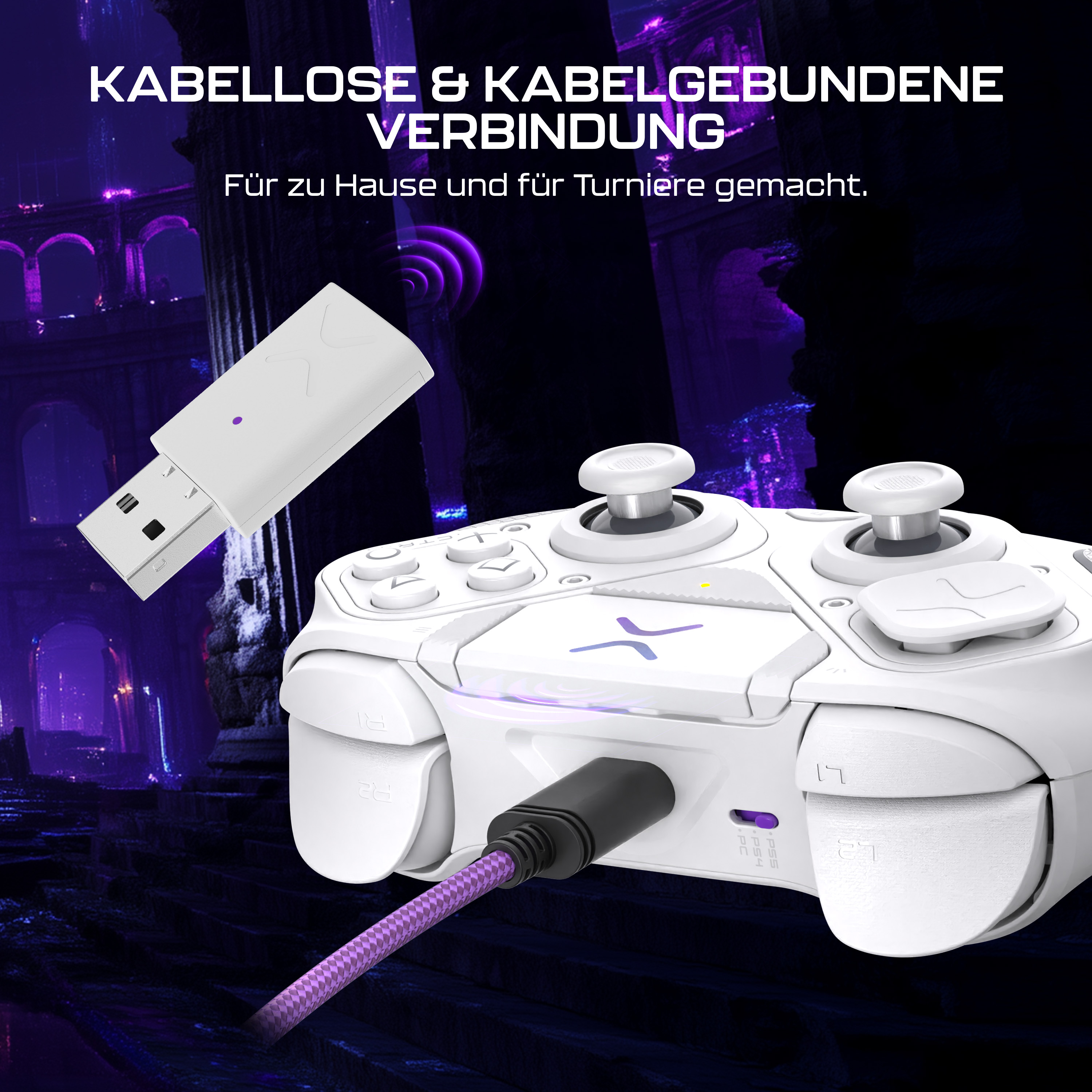 Un controller bianco con dongle USB, accenti viola e sfondo scuro.